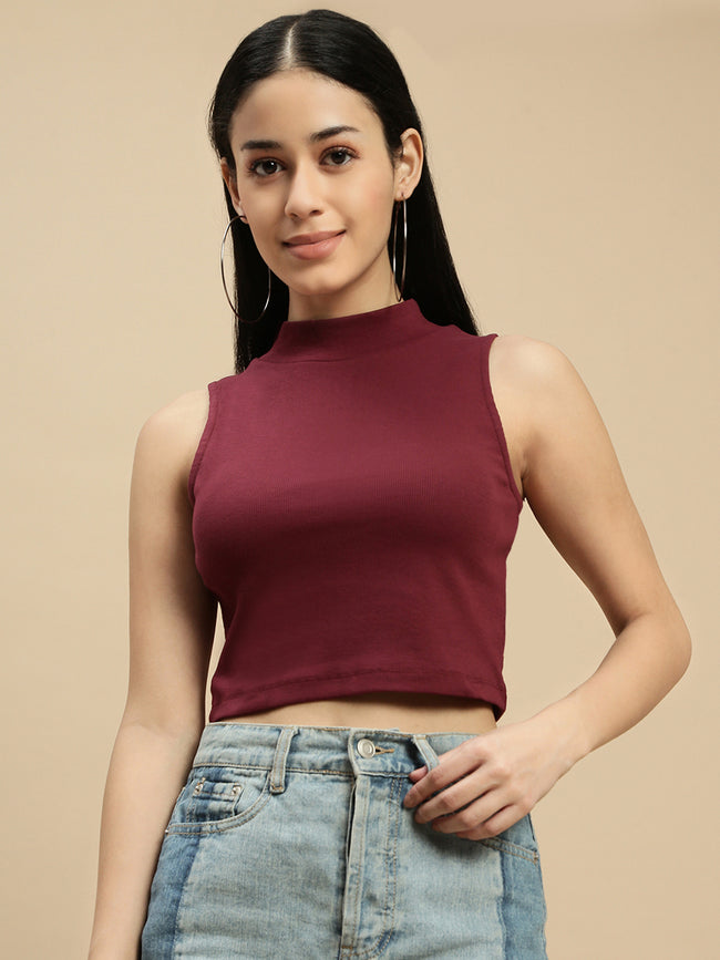 Women Burgundy Sleeveless Crop Top