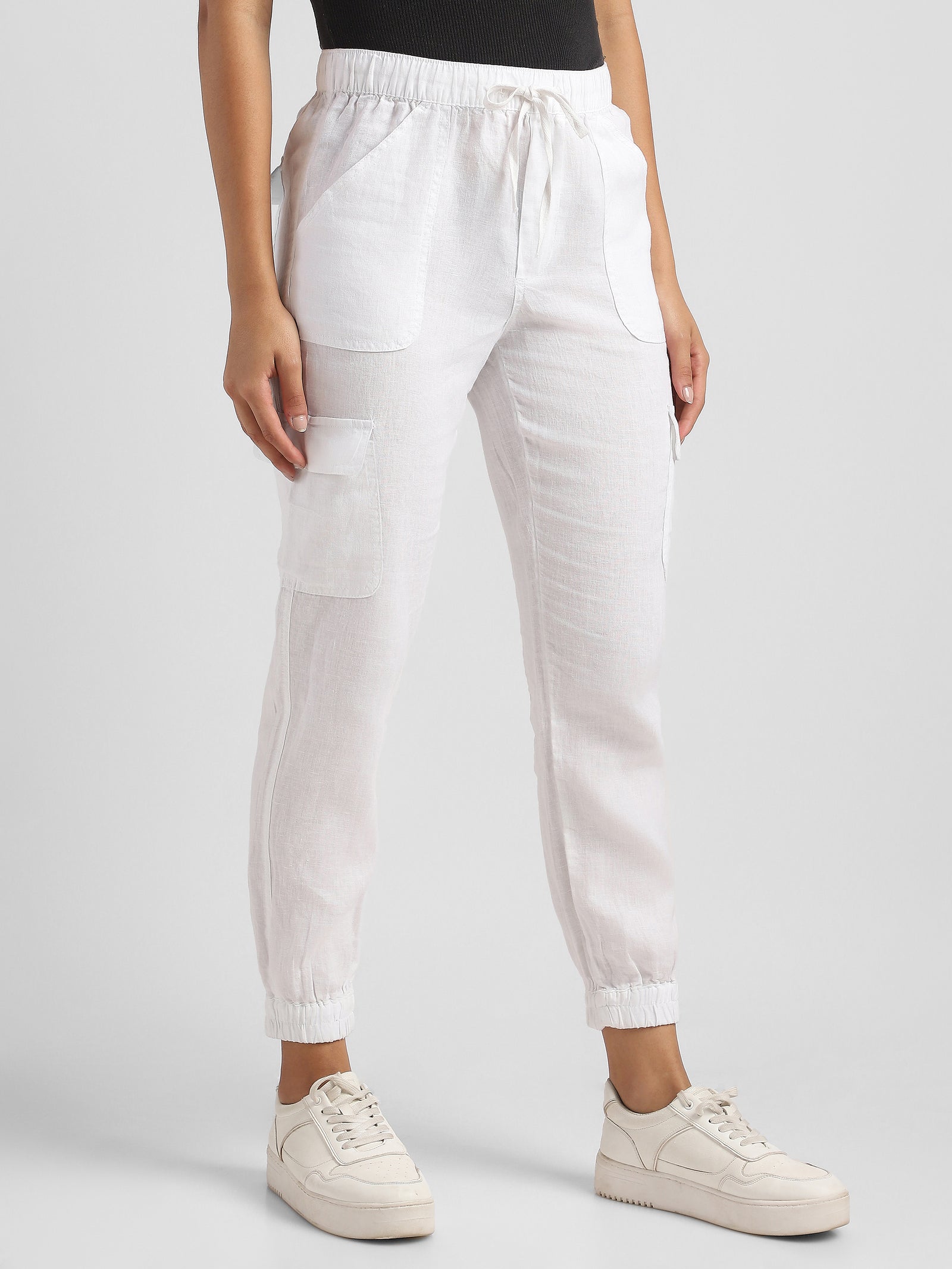 Women White Linen Blend Cargo Jogger Pants