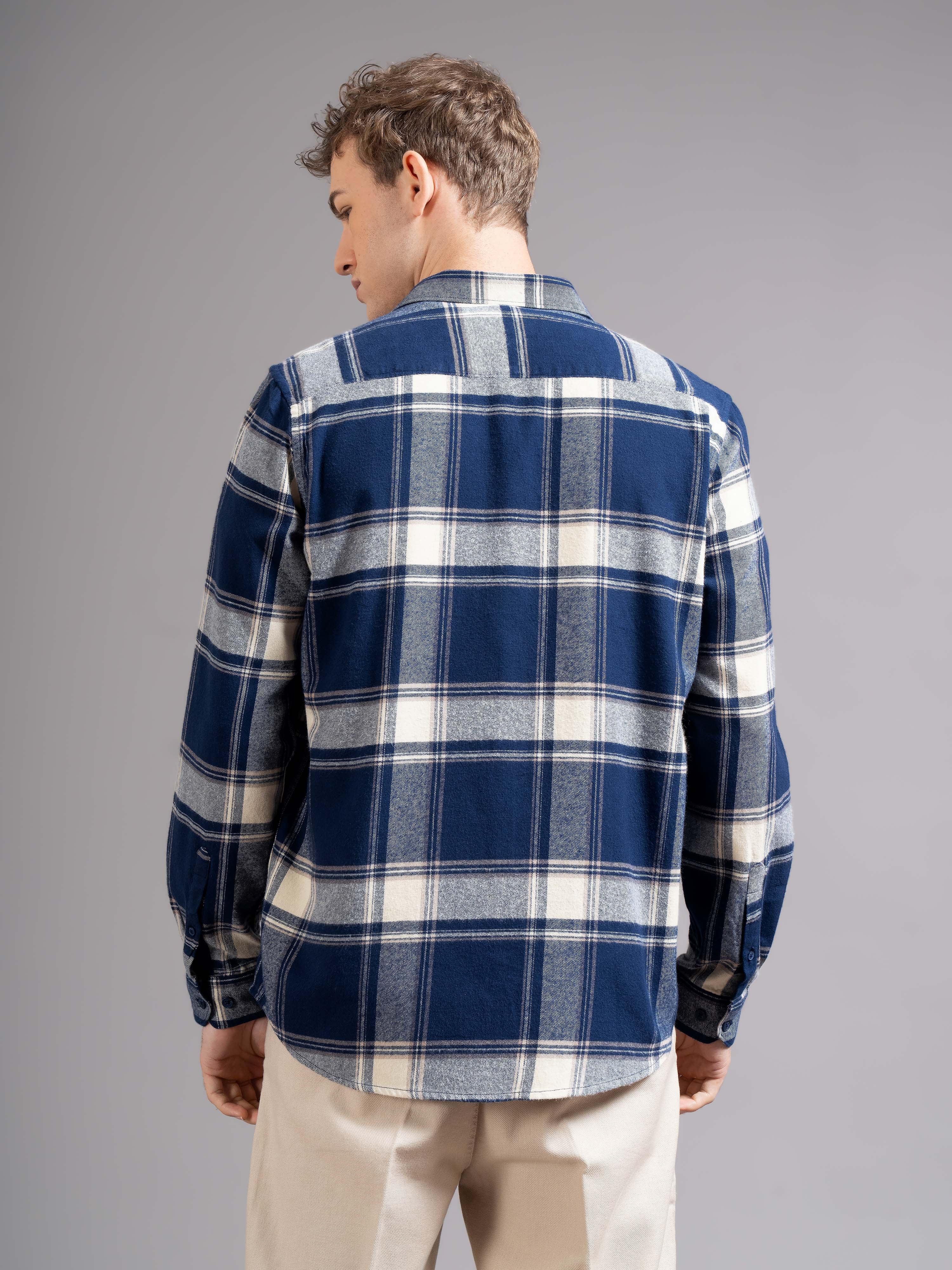 Men Navy Blue Flannel Checked Shirt