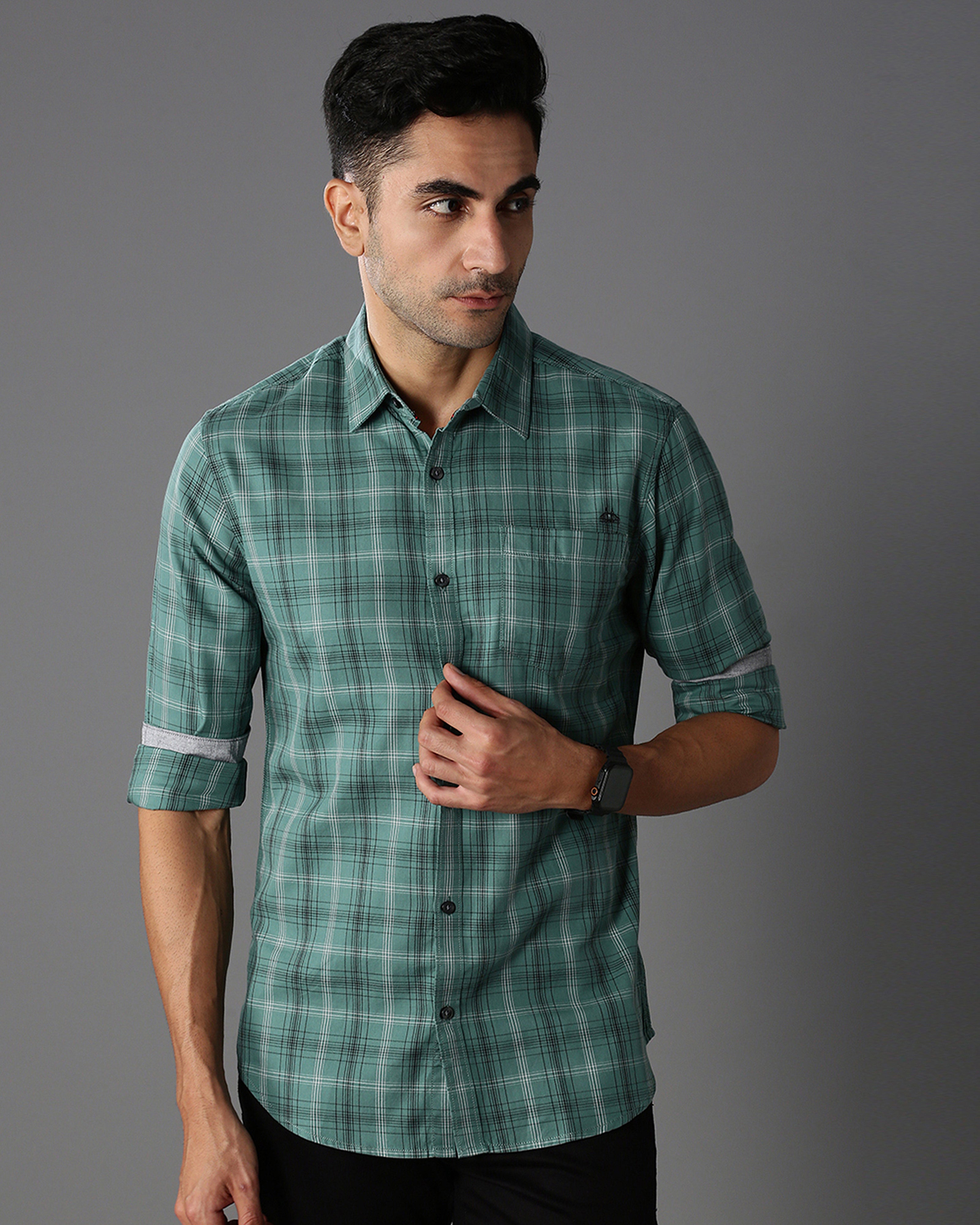 Men Green Cotton Slim Shirt