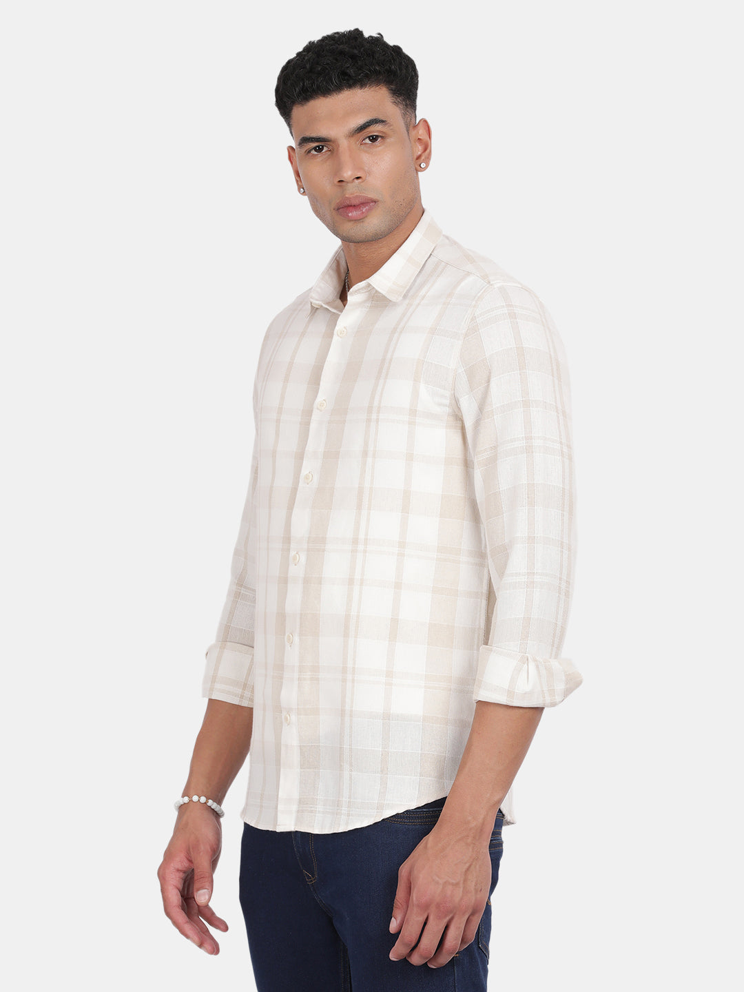 Men Light cream Slim Fit Spread Collar Full Sleeve Casual Shirt