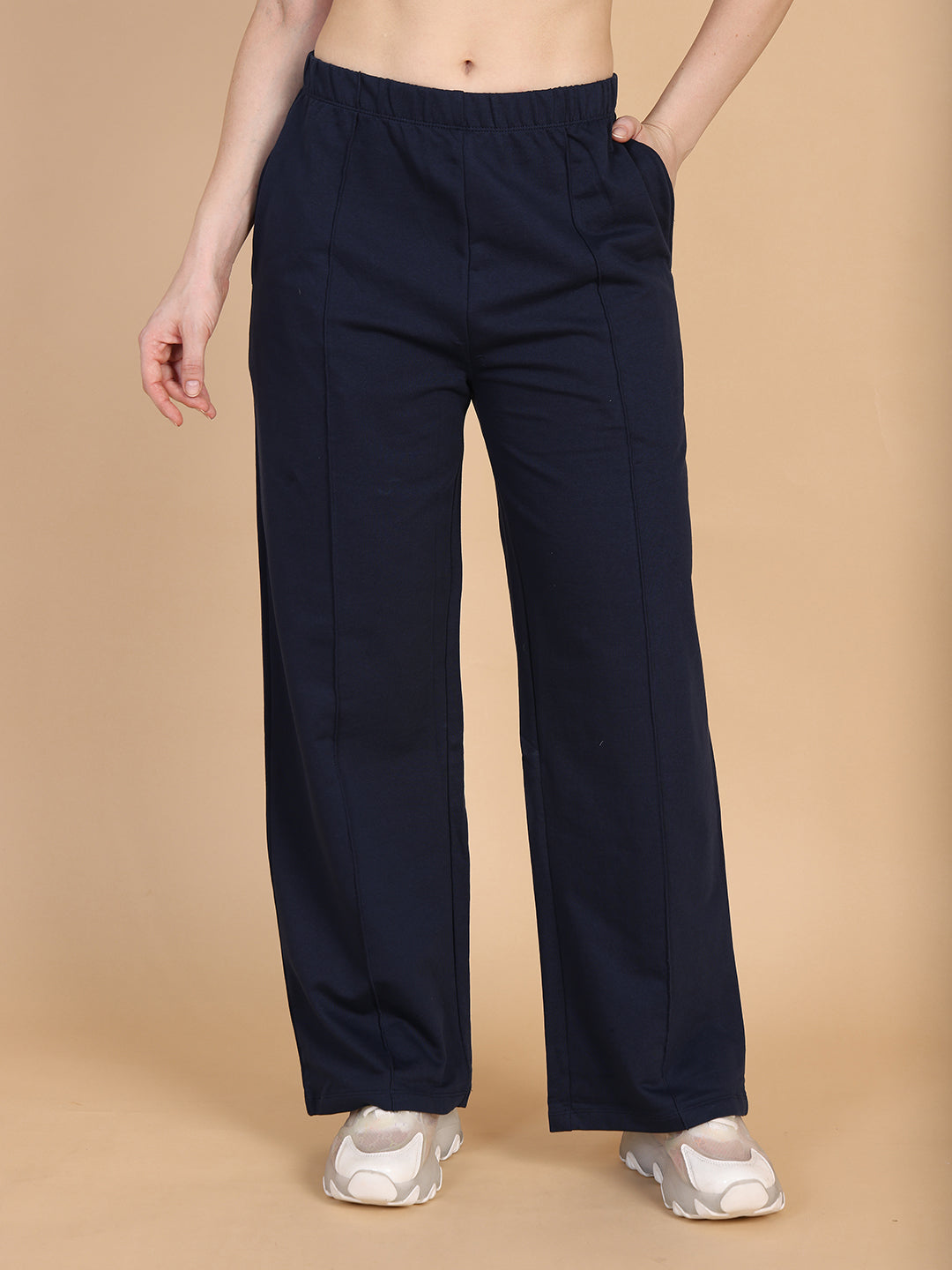 Women Navy Pleated Flare Straight Pant