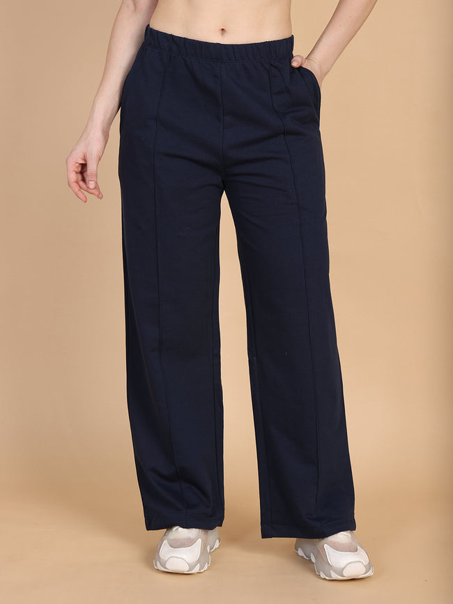 Women Navy Pleated Flare Straight Pant