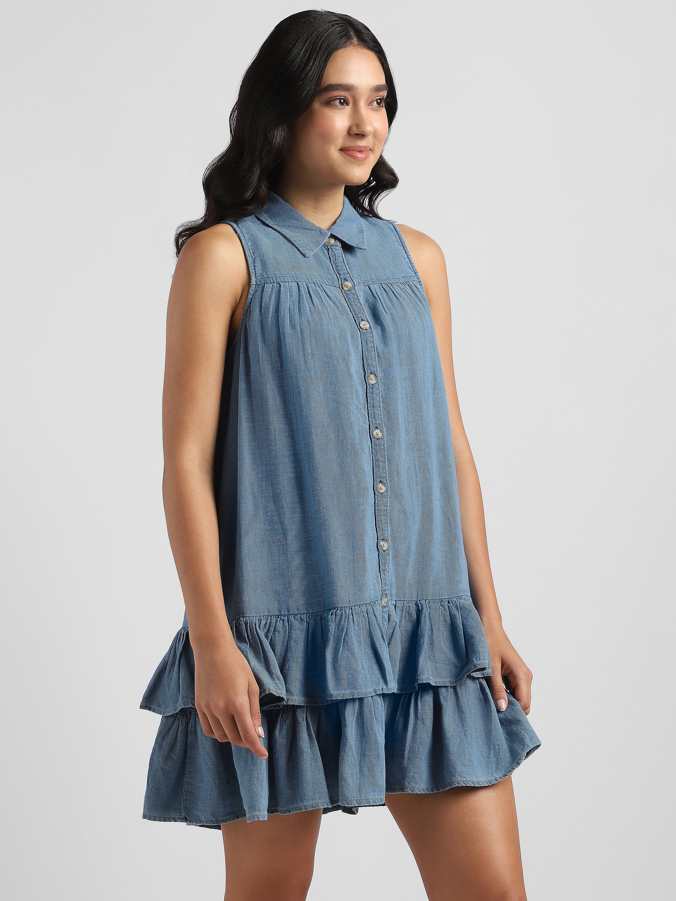 Women Blue Denim dress with bottom Frill
