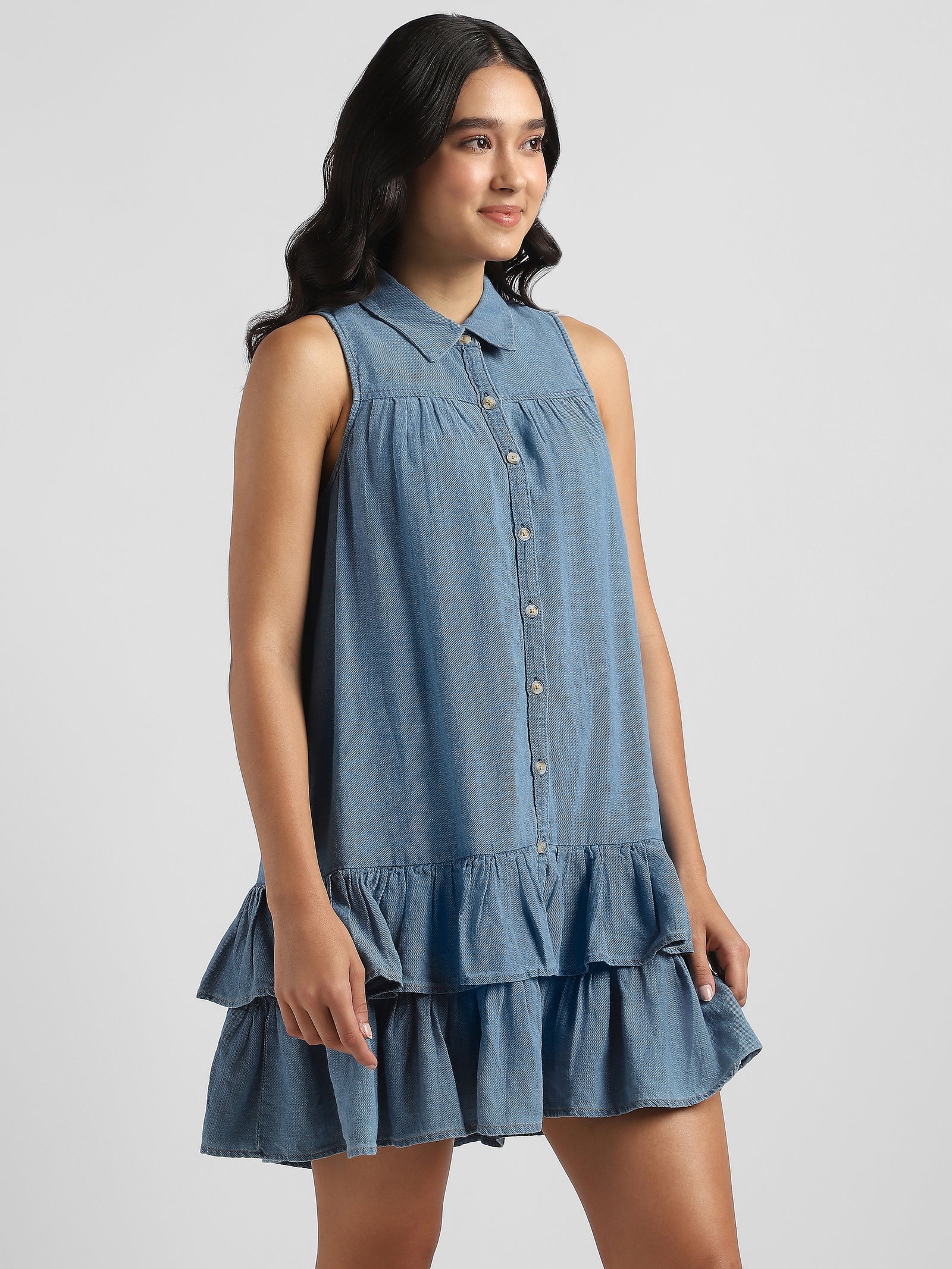Women Blue Denim dress with bottom Frill