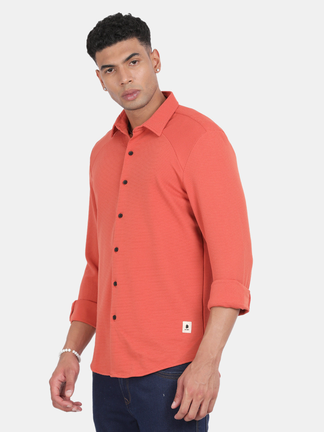 Men Peach Slim Fit Spread Collar Full Sleeve Casual Shirt