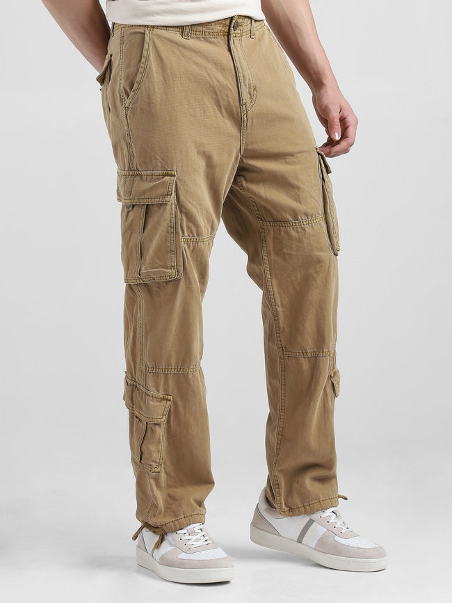 Men Beige Cotton Blend Cargo Pants with 8 Pockets