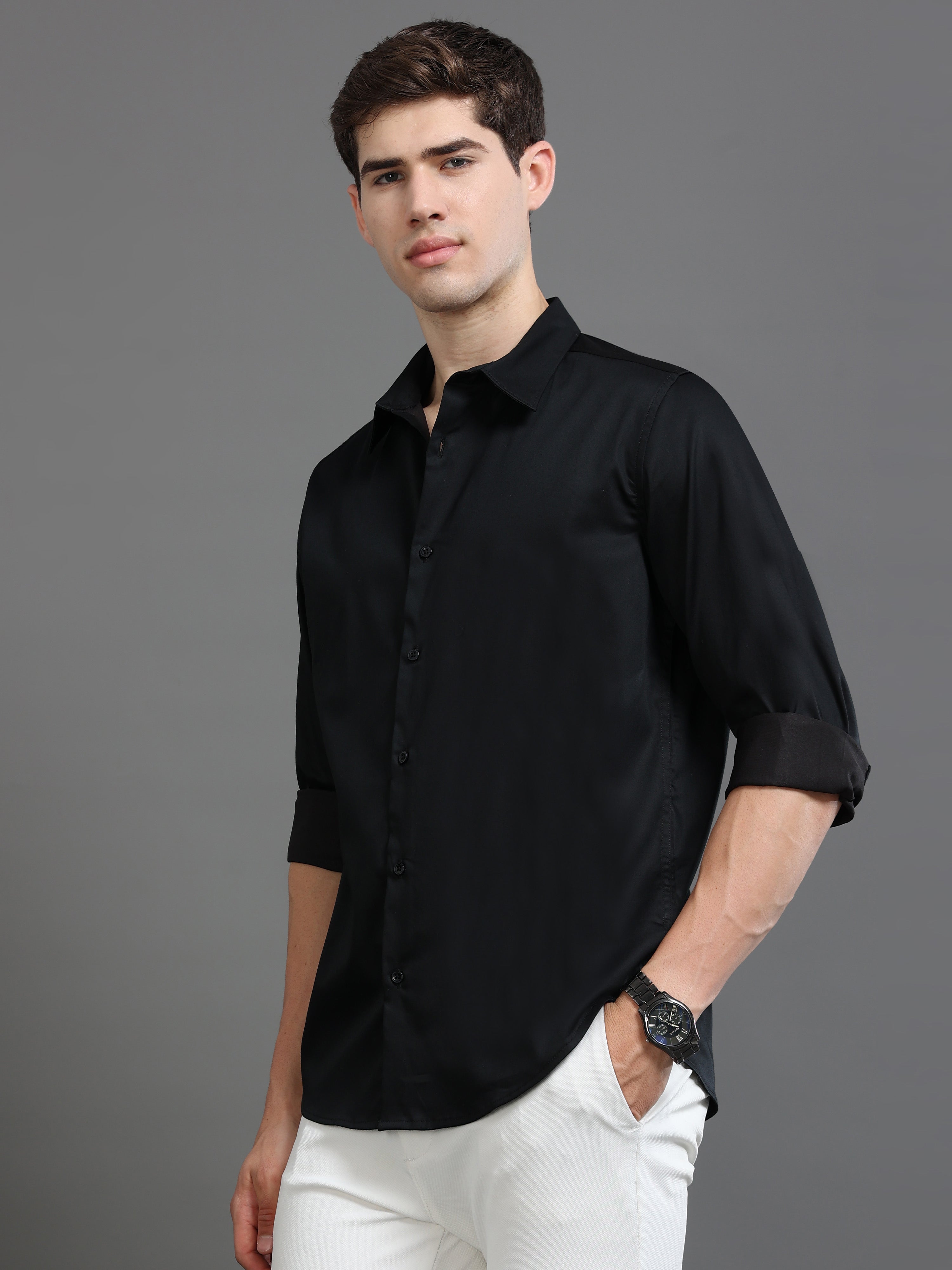 Men Black Satin Shirt