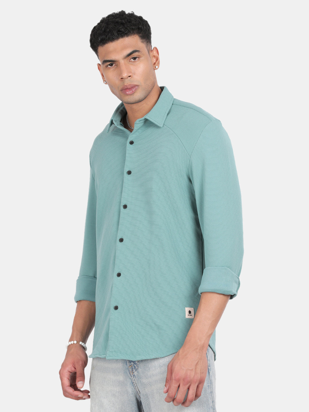 Men Light Green Slim Fit Spread Collar Full Sleeve Casual Shirt