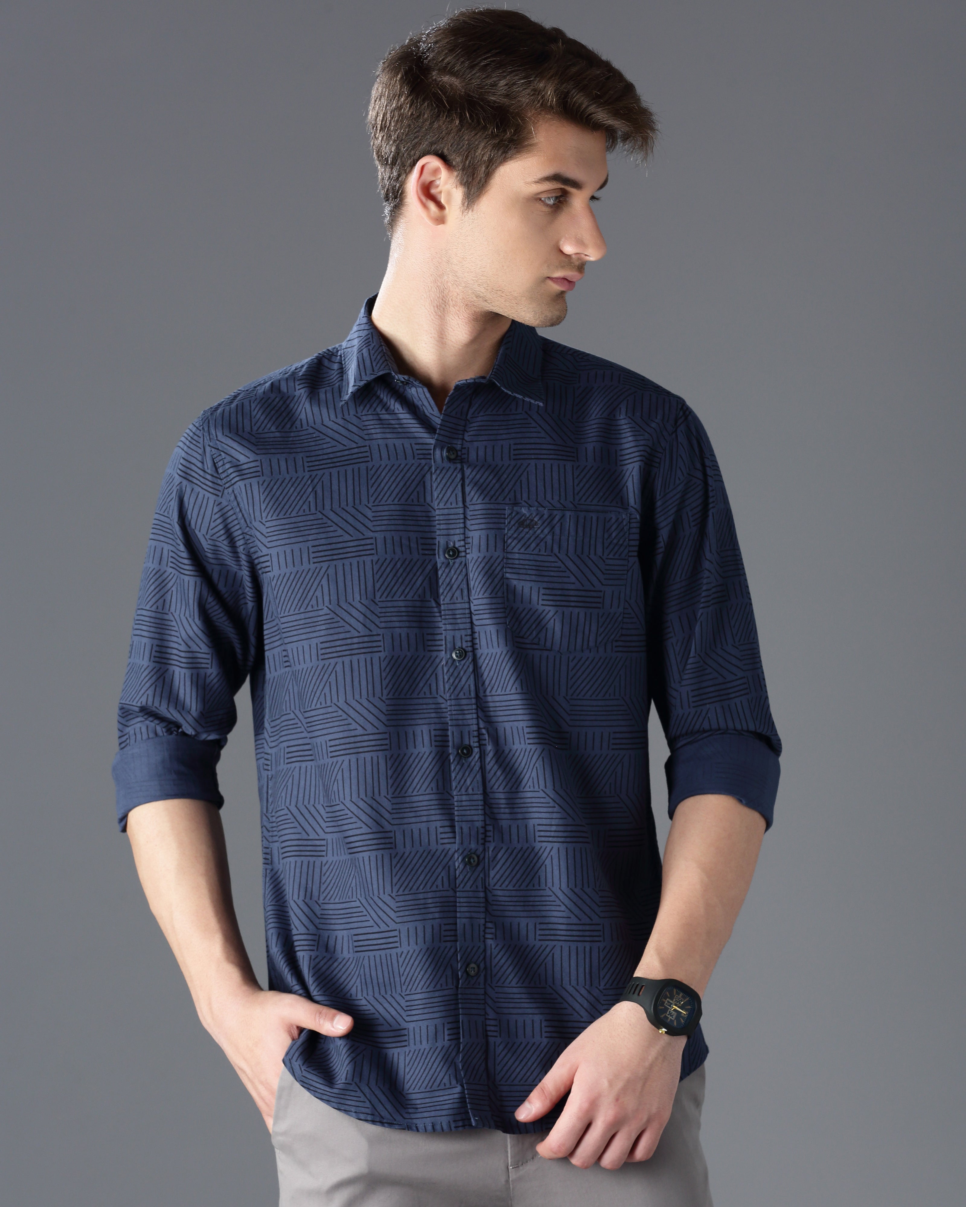 Men Blue Cotton Slim Shirt