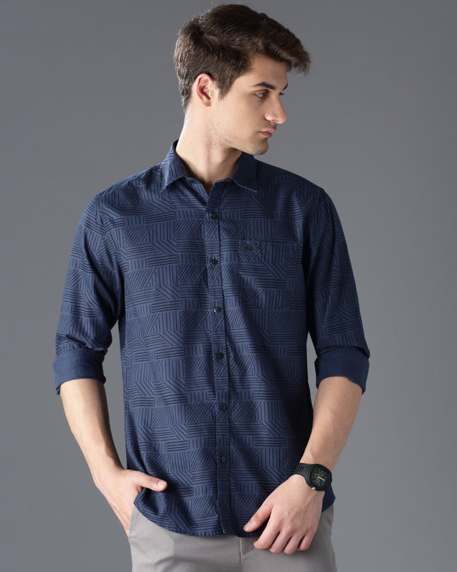 Men Blue Cotton Slim Shirt