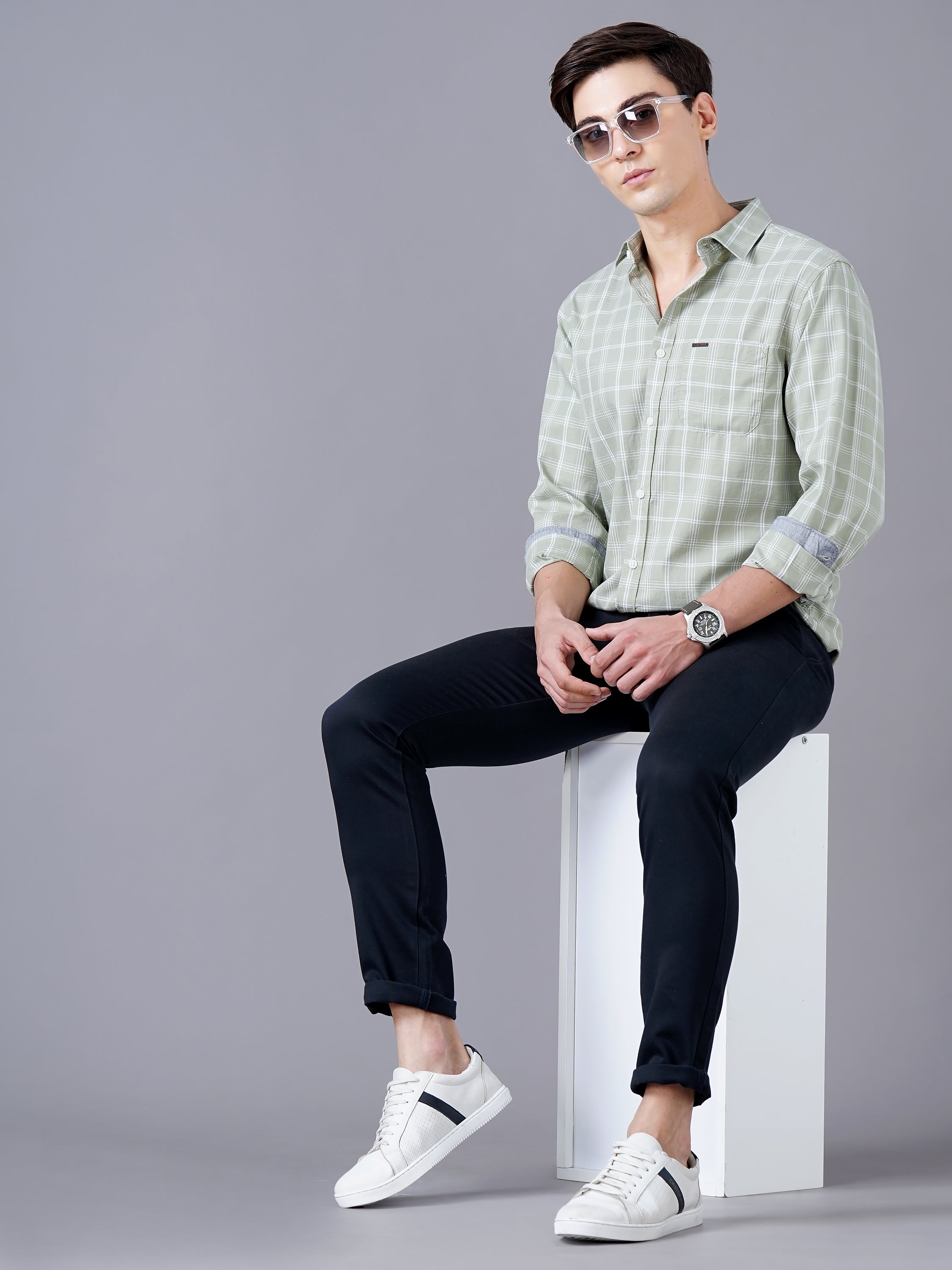 Men Green Cotton Slim Shirt