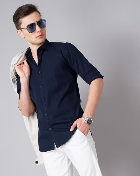 Men Blue Spread Collar Shirt