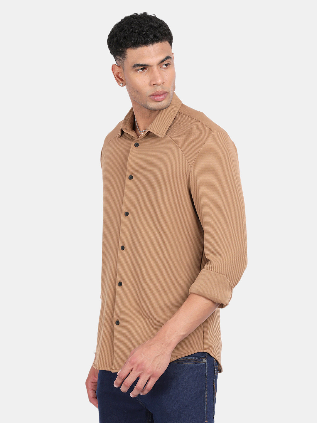 Men Khaki Slim Fit Spread Collar Full Sleeve Casual Shirt
