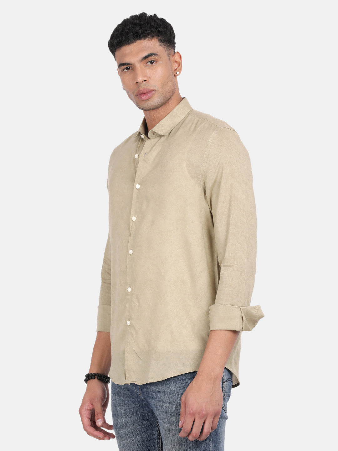 Men Khaki Slim Fit Spread Collar Full Sleeve Casual Shirt