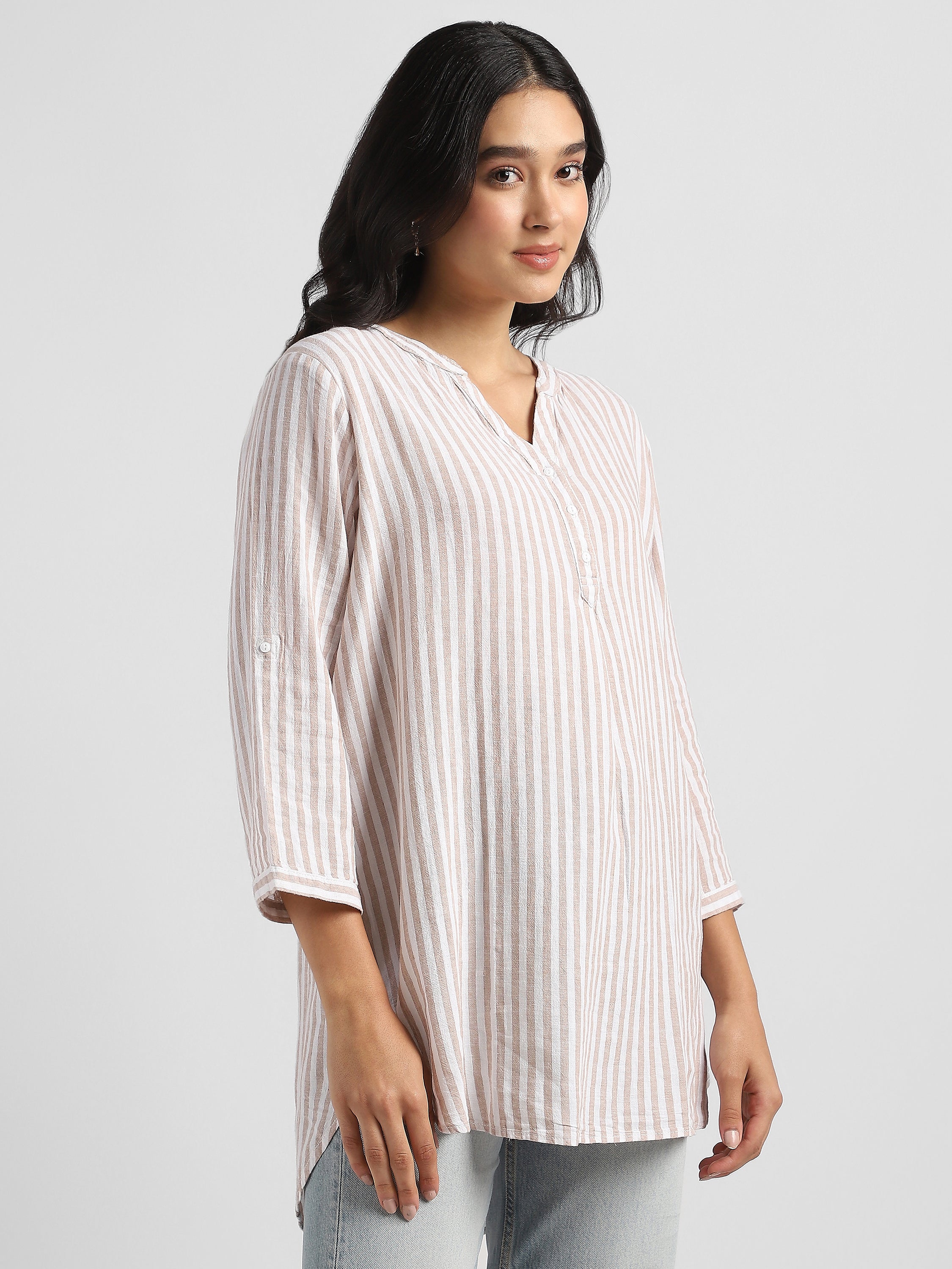 Women  Striped High-Low Hem Cotton Blend Top