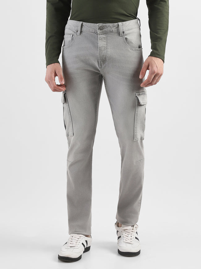 Men Grey Denim Mid Rise Cargo Pants