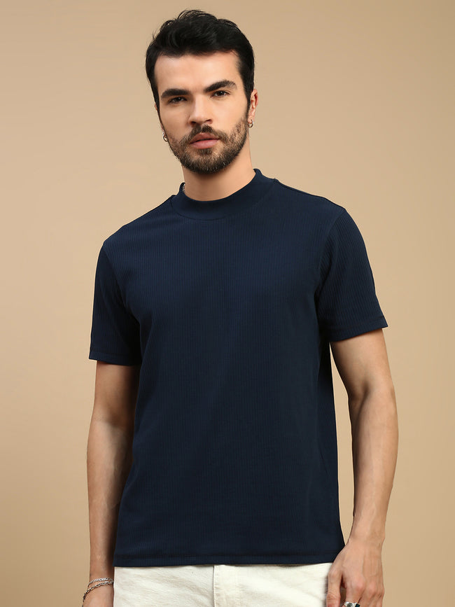 Men Navy High Neck Tee