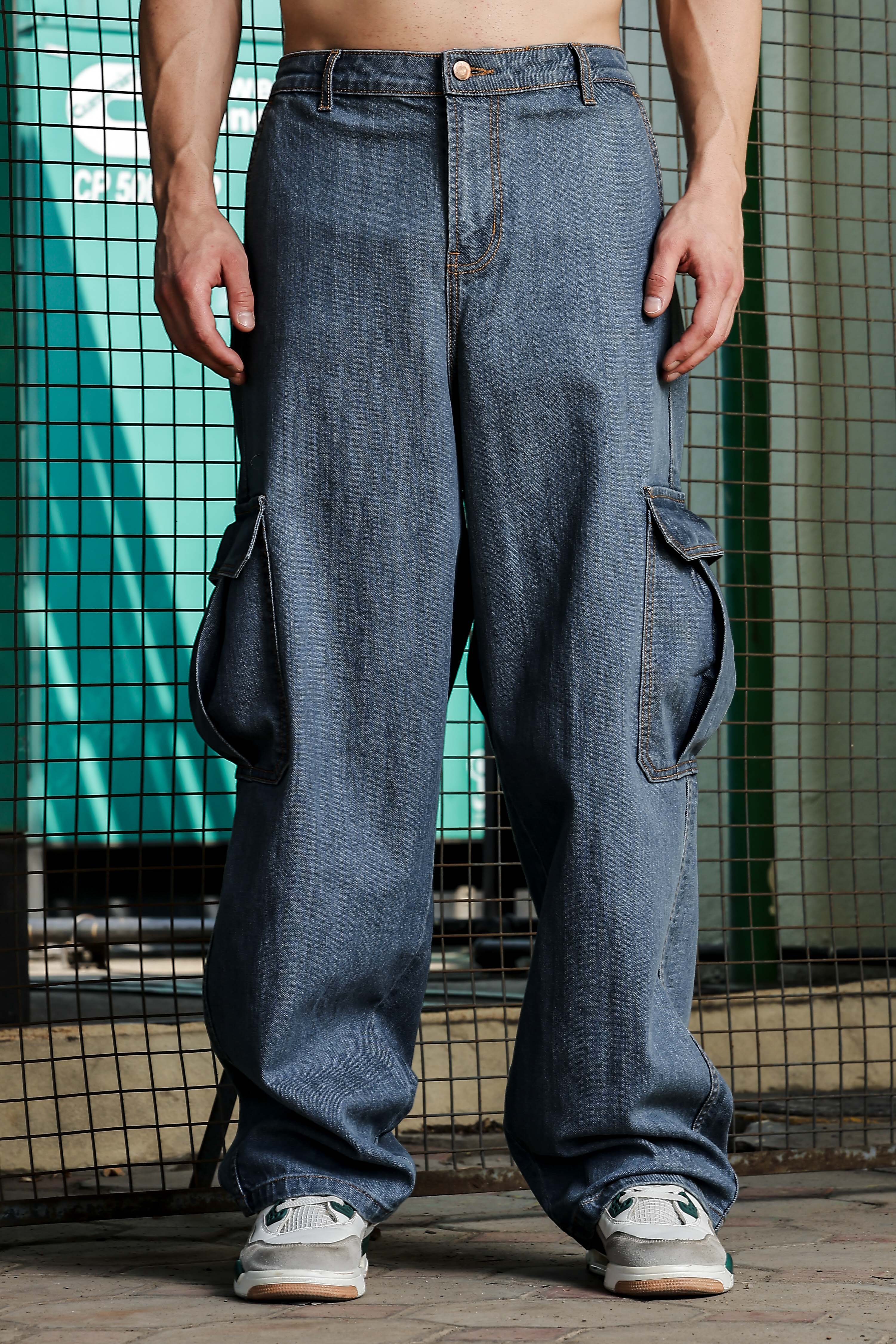 Unisex Blue Denim Cargo Trousers