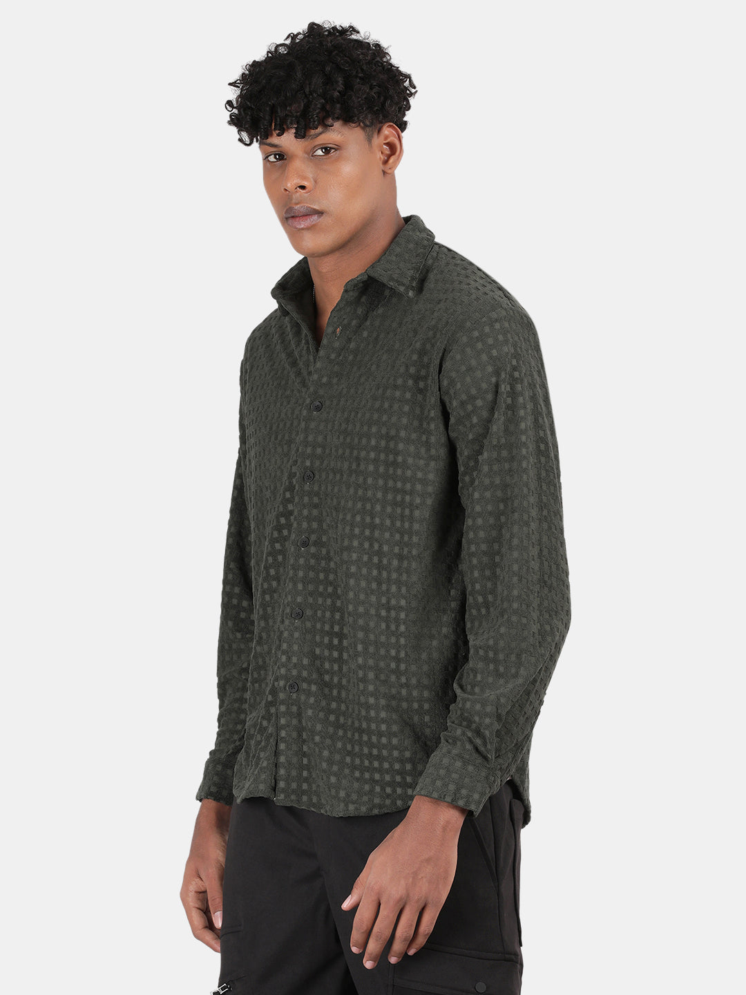 Men Green Slim Fit Spread Collar Full Sleeve Casual Shirt