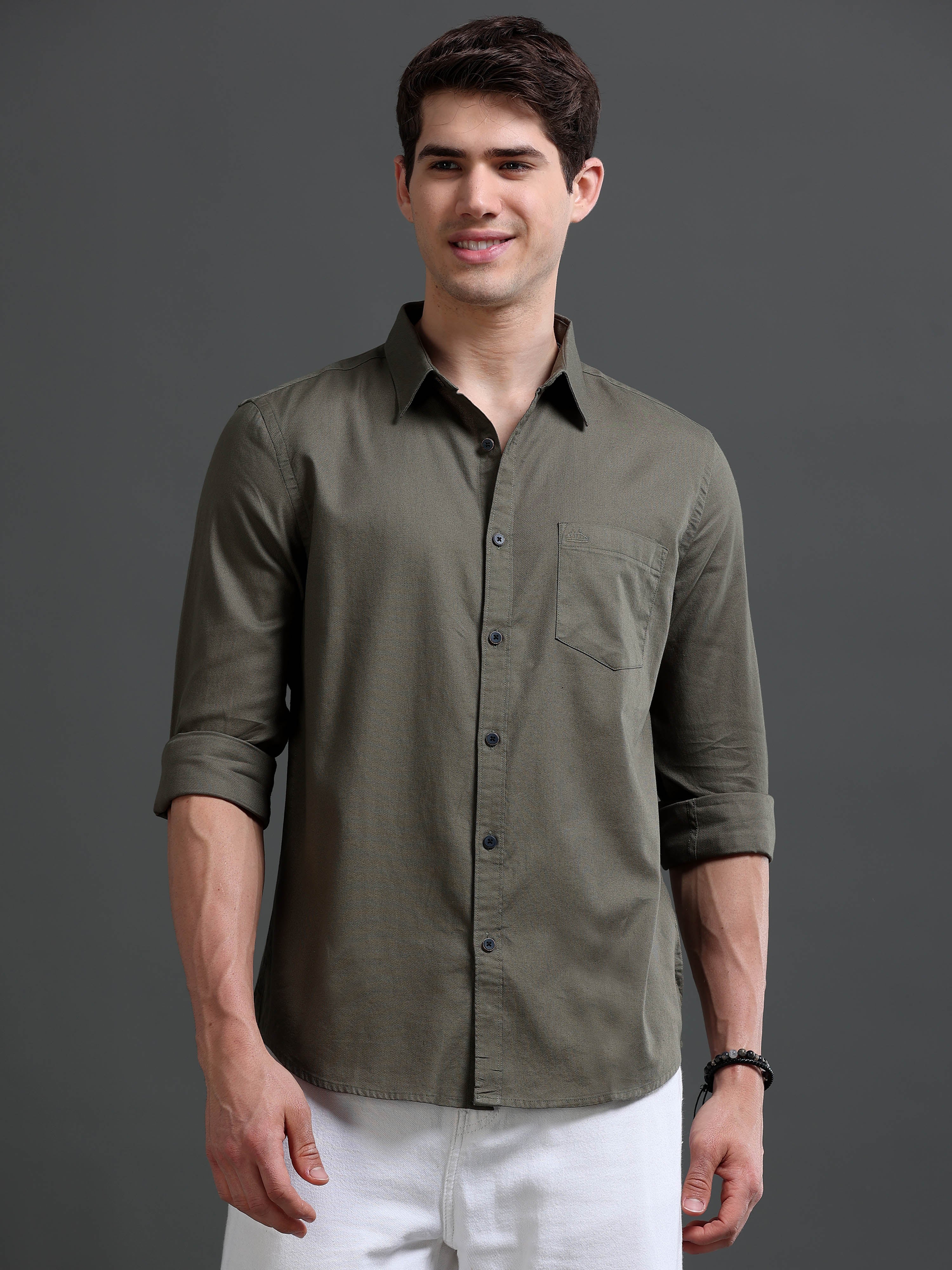 Men Olive Dobby Shirt