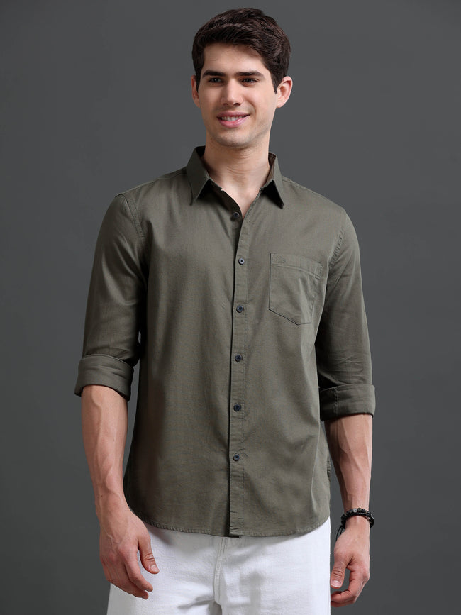 Men Olive Dobby Shirt