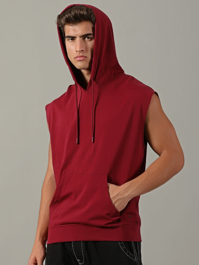Men Burgundy Sleeveless Hoodie