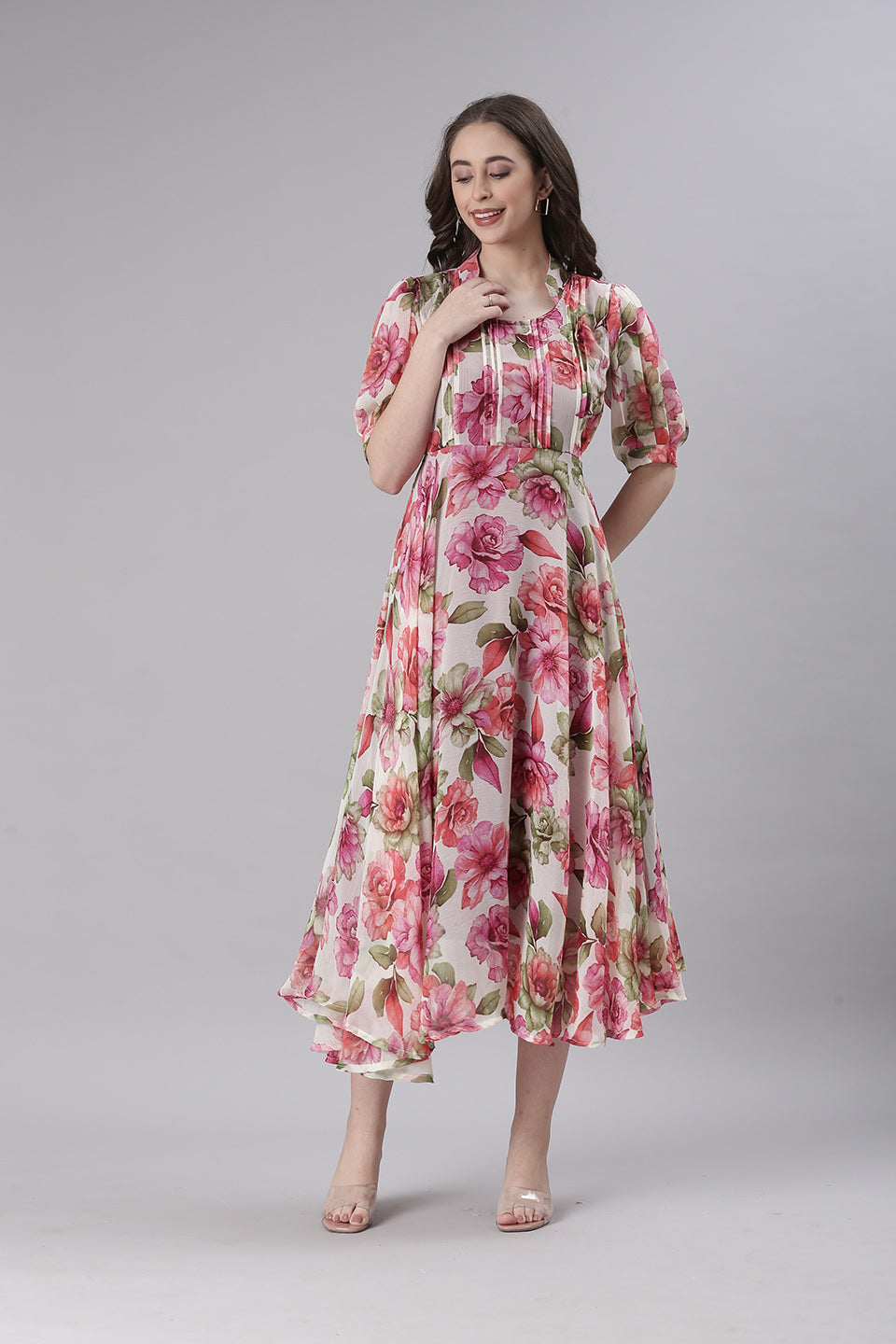 Women Cream Floral Chiffon Dress