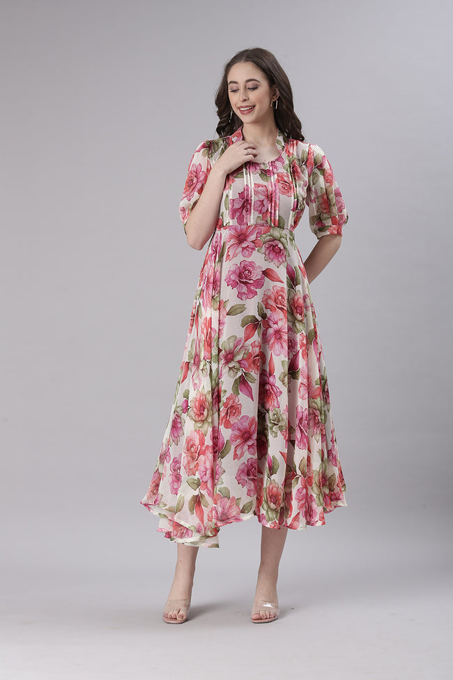 Women Cream Floral Chiffon Dress