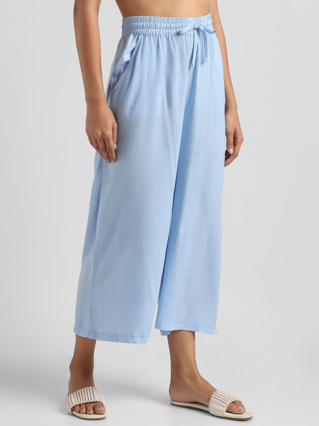 Women Blue Flowy Wide-Leg Pants with Drawstring
