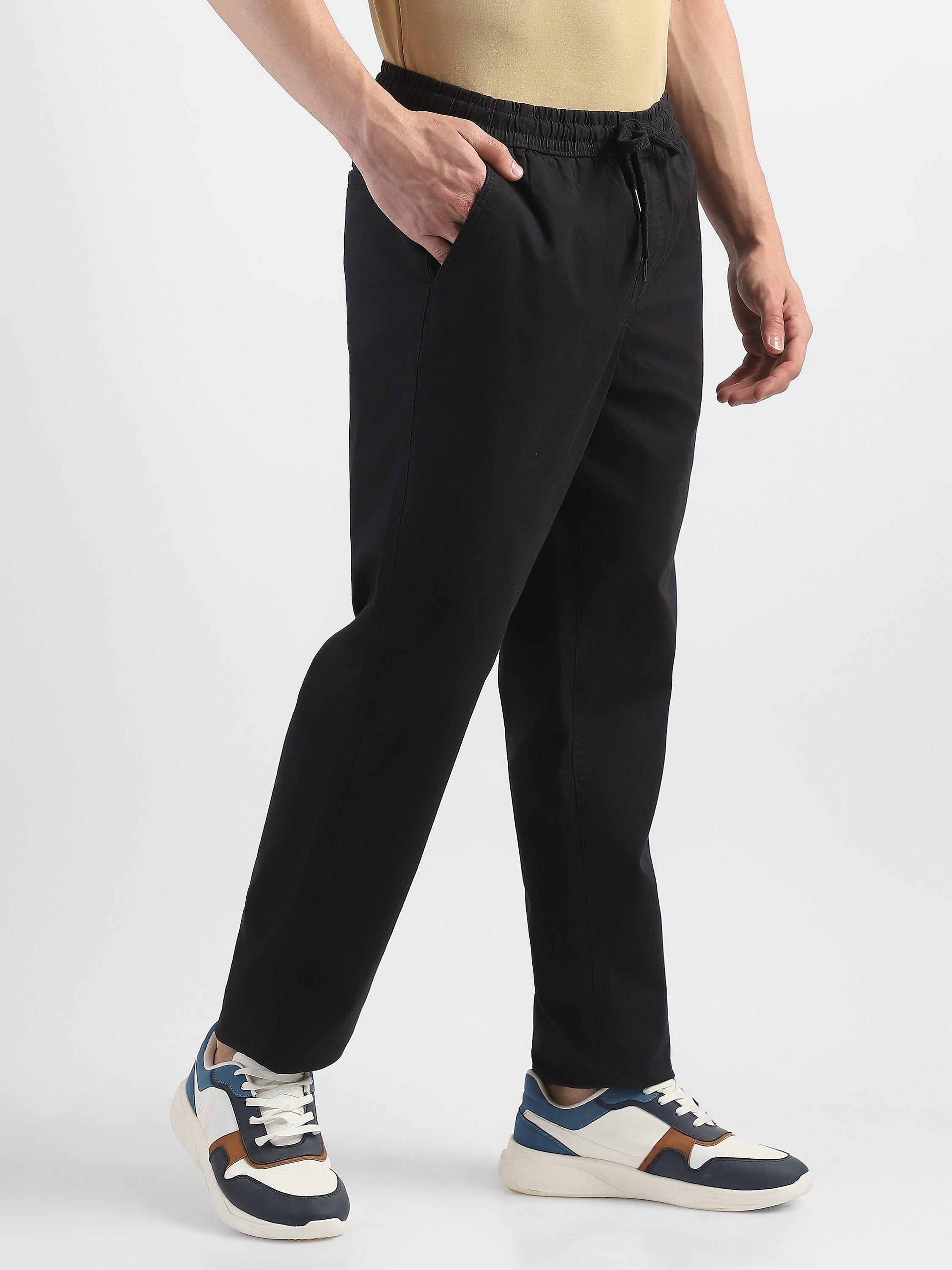 Men Black Cotton Blend Mid-Rise Pants