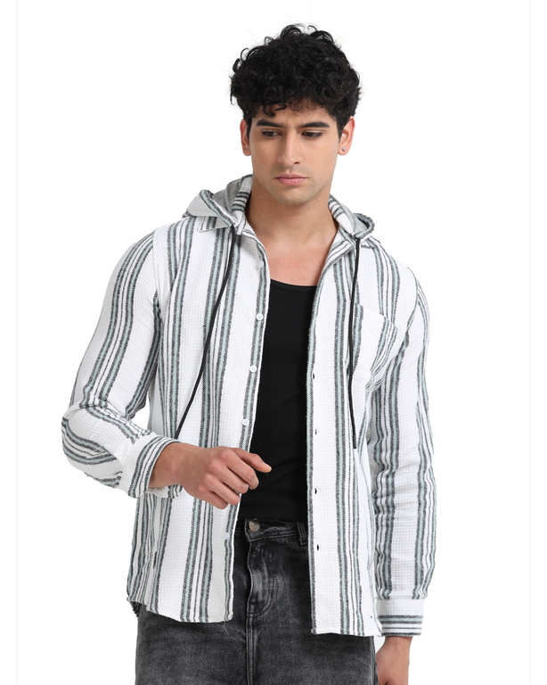 Men Striped Long Sleeve Hooded Casual Shirt