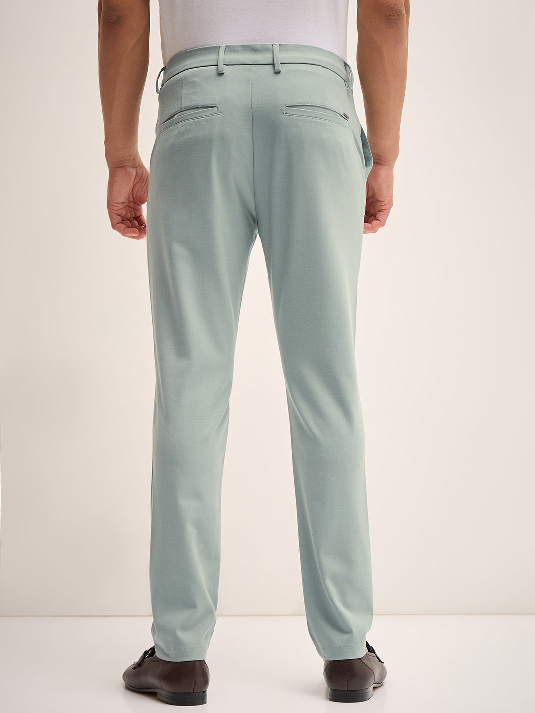 Men Green Solid 4 Way Stretch Formal Trouser