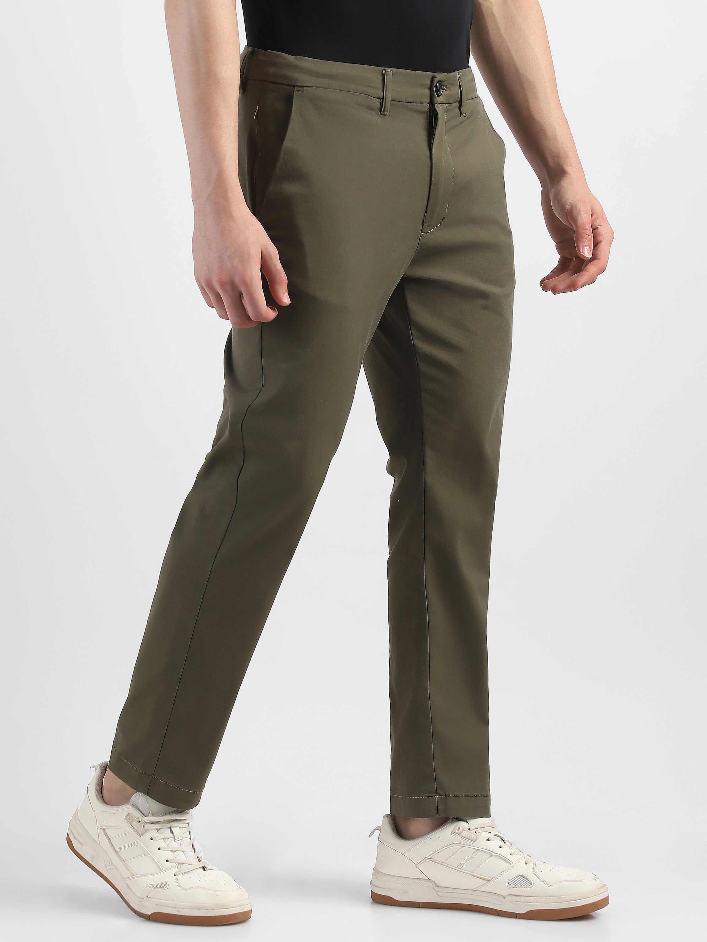 Men Olive Mid Rise Regular Fit Trouser