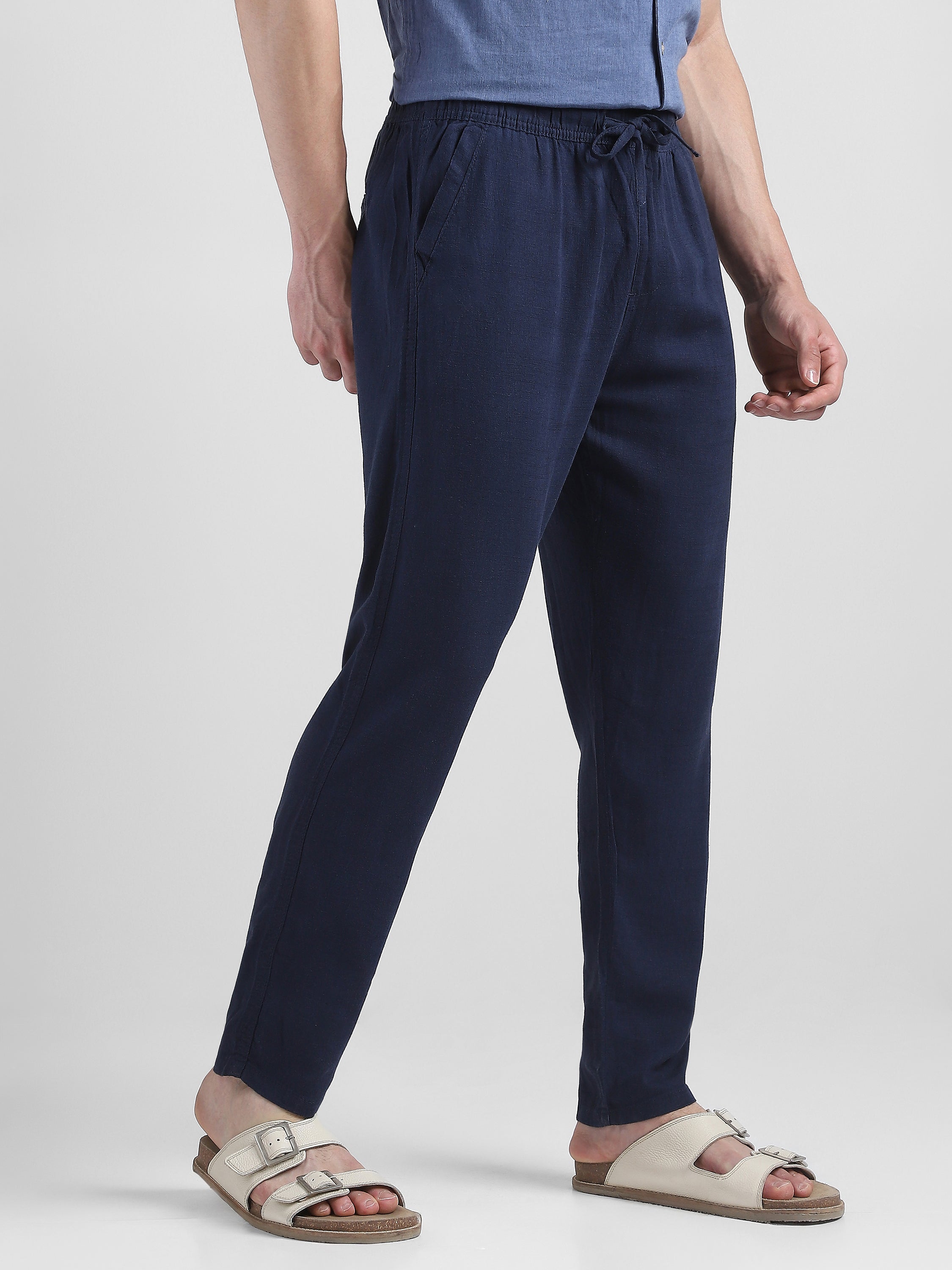 Men Navy Cotton Blend Comfort Fit Pants