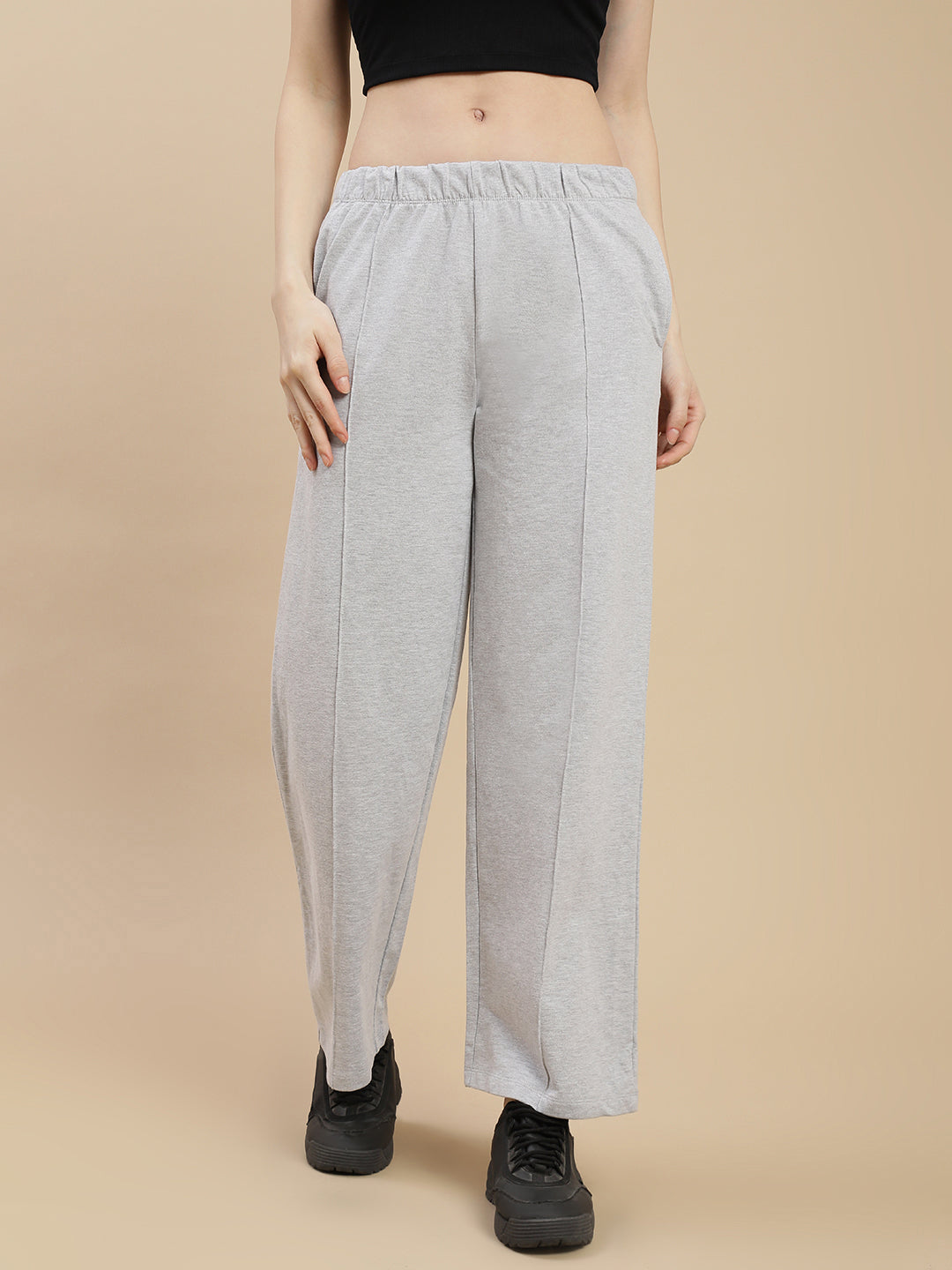 Women Grey Pleated Flare Straight Pant