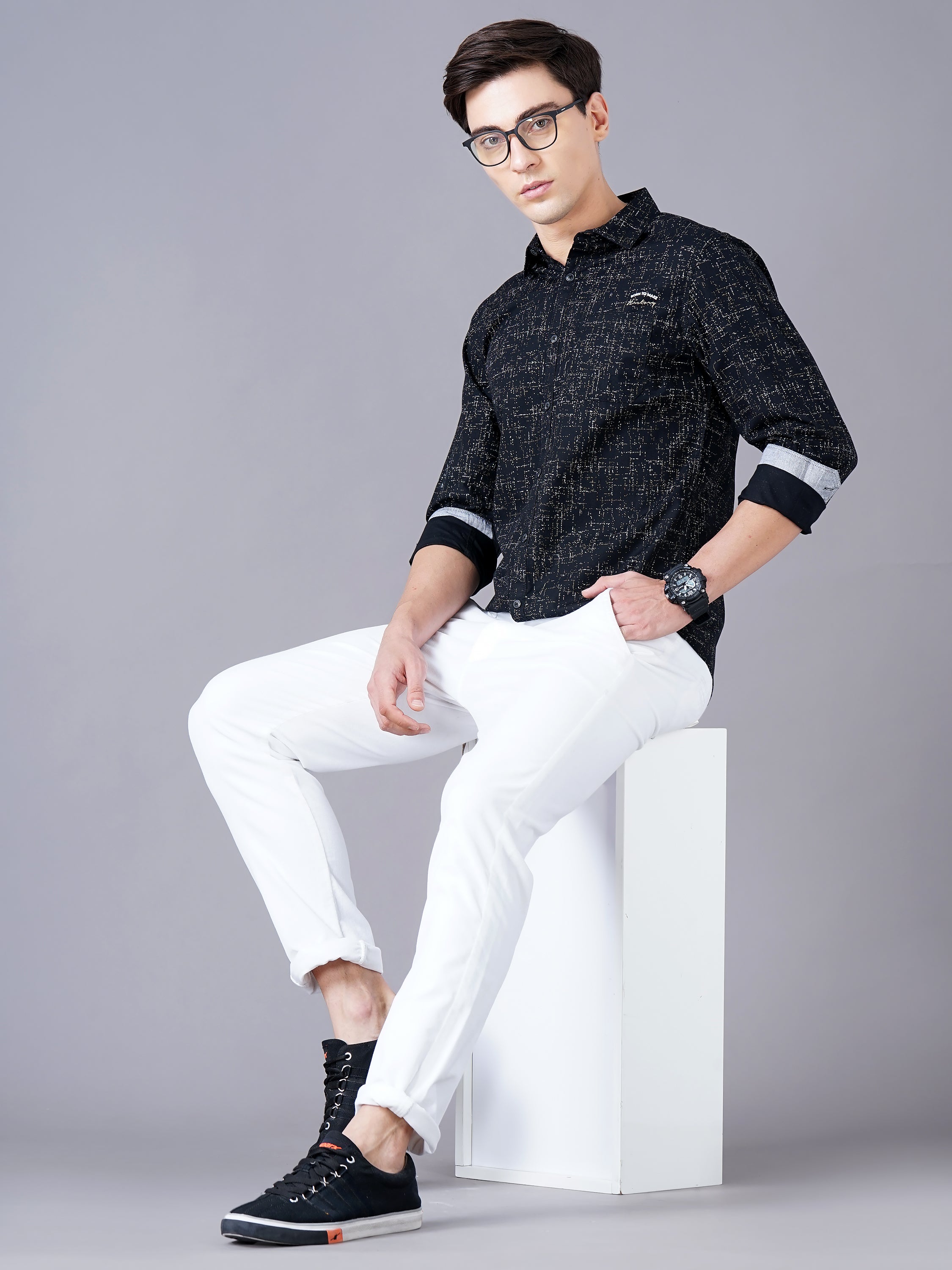 Men Black Cotton Slim Shirt
