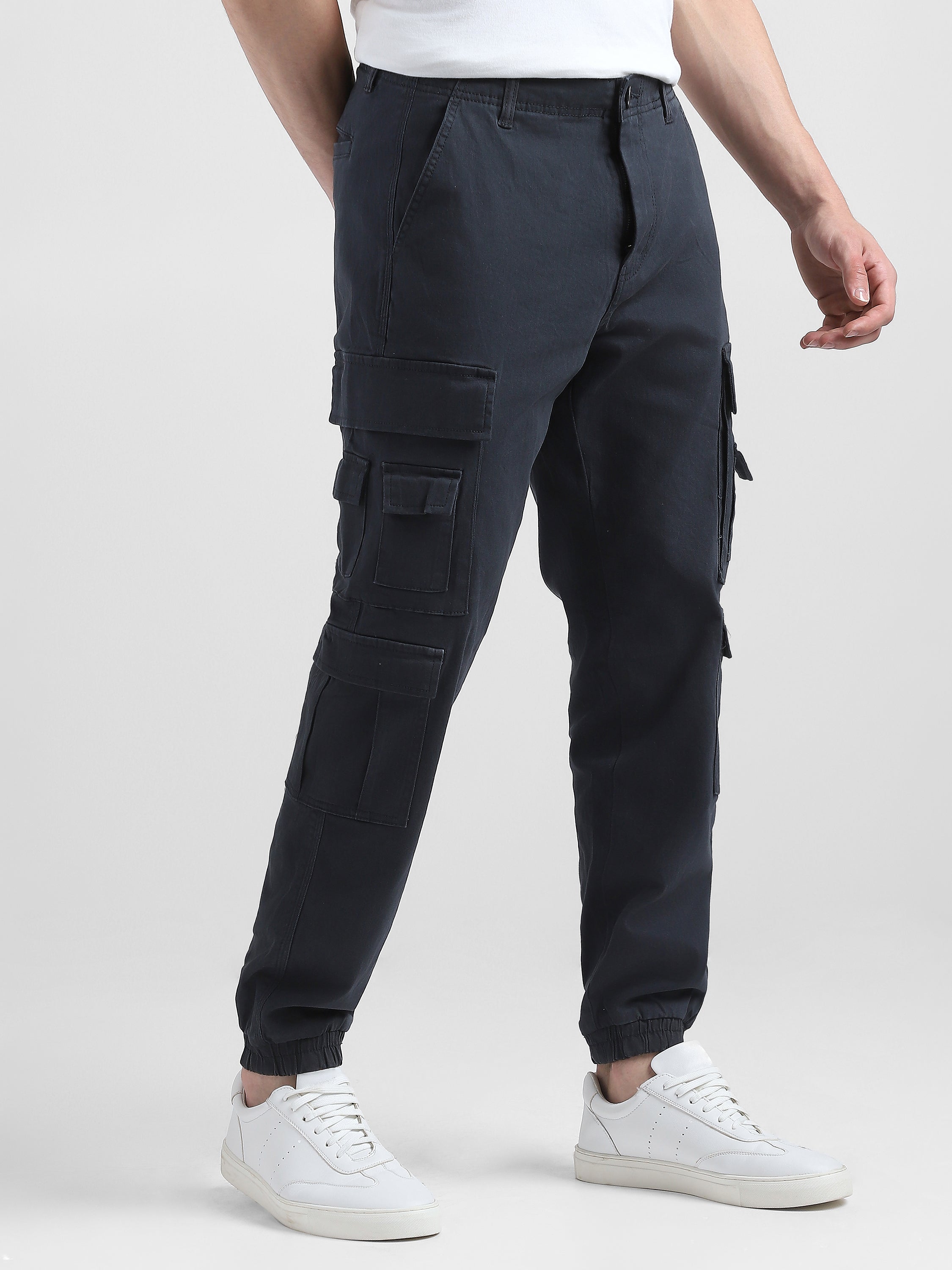 Men Navy Cotton Blend Cargo Pants with 12 pockets