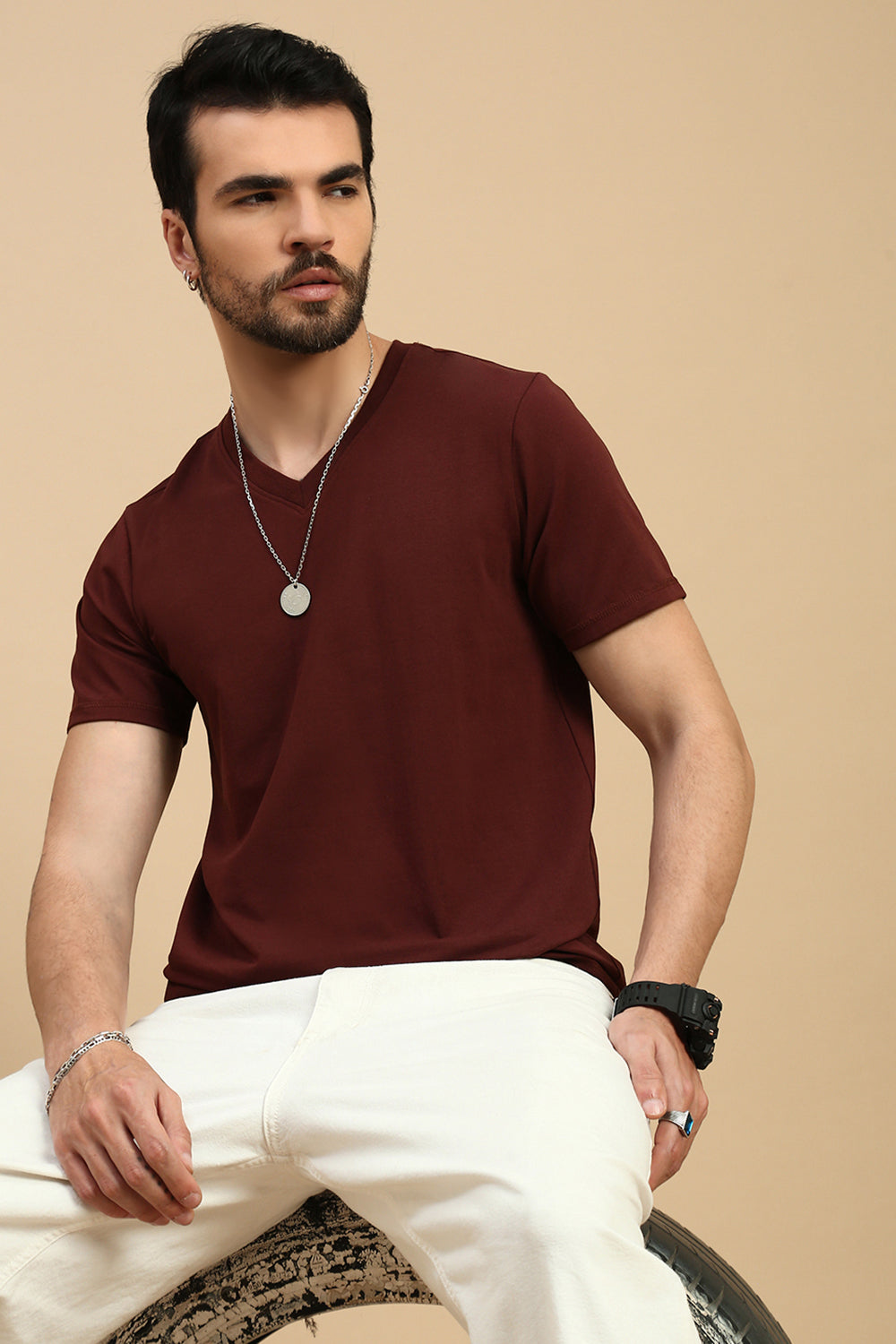 Men Brown V Neck T-Shirt