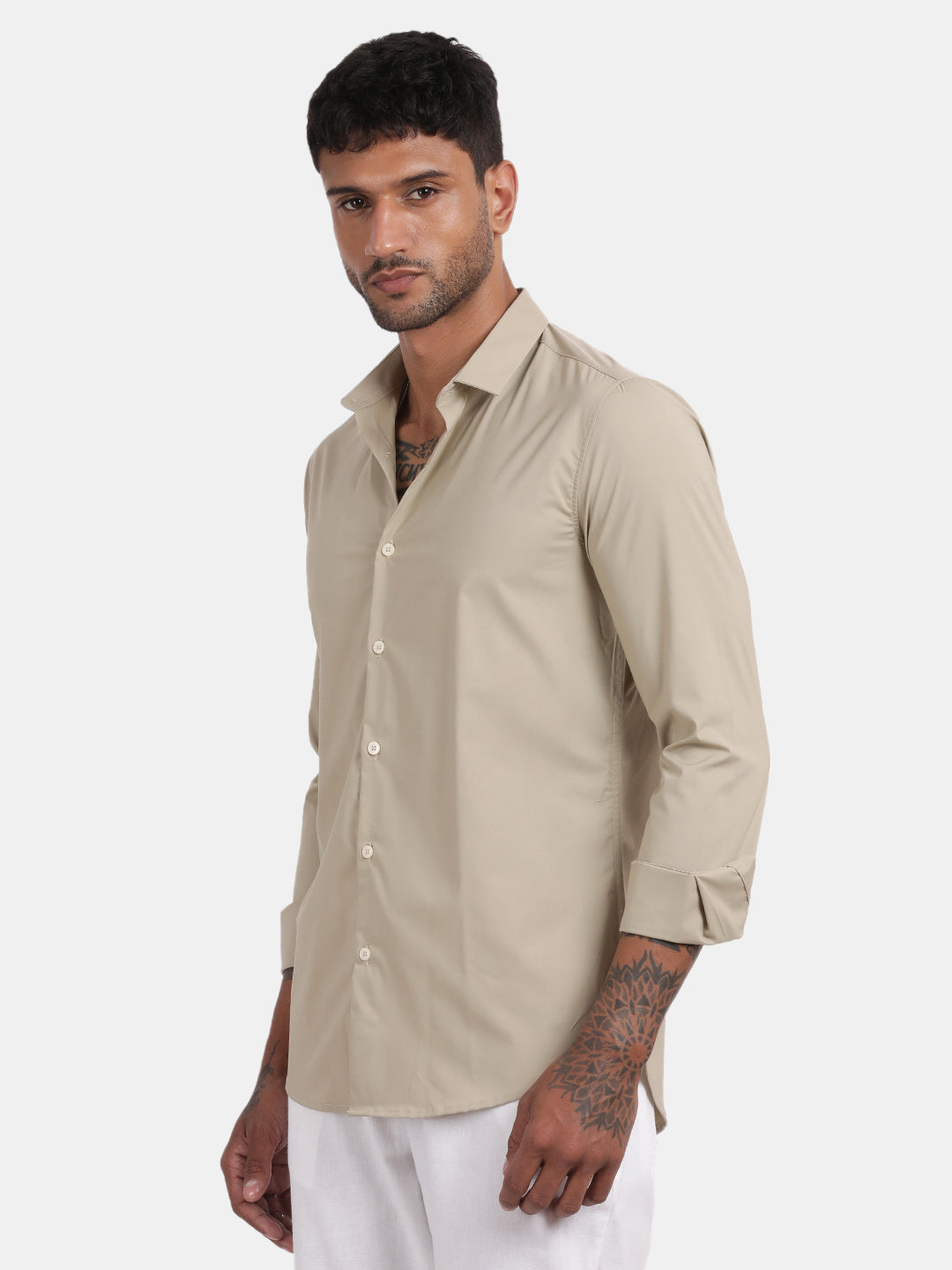 Men Dark cream Slim Fit Spread Collar Full Sleeve Casual Shirt