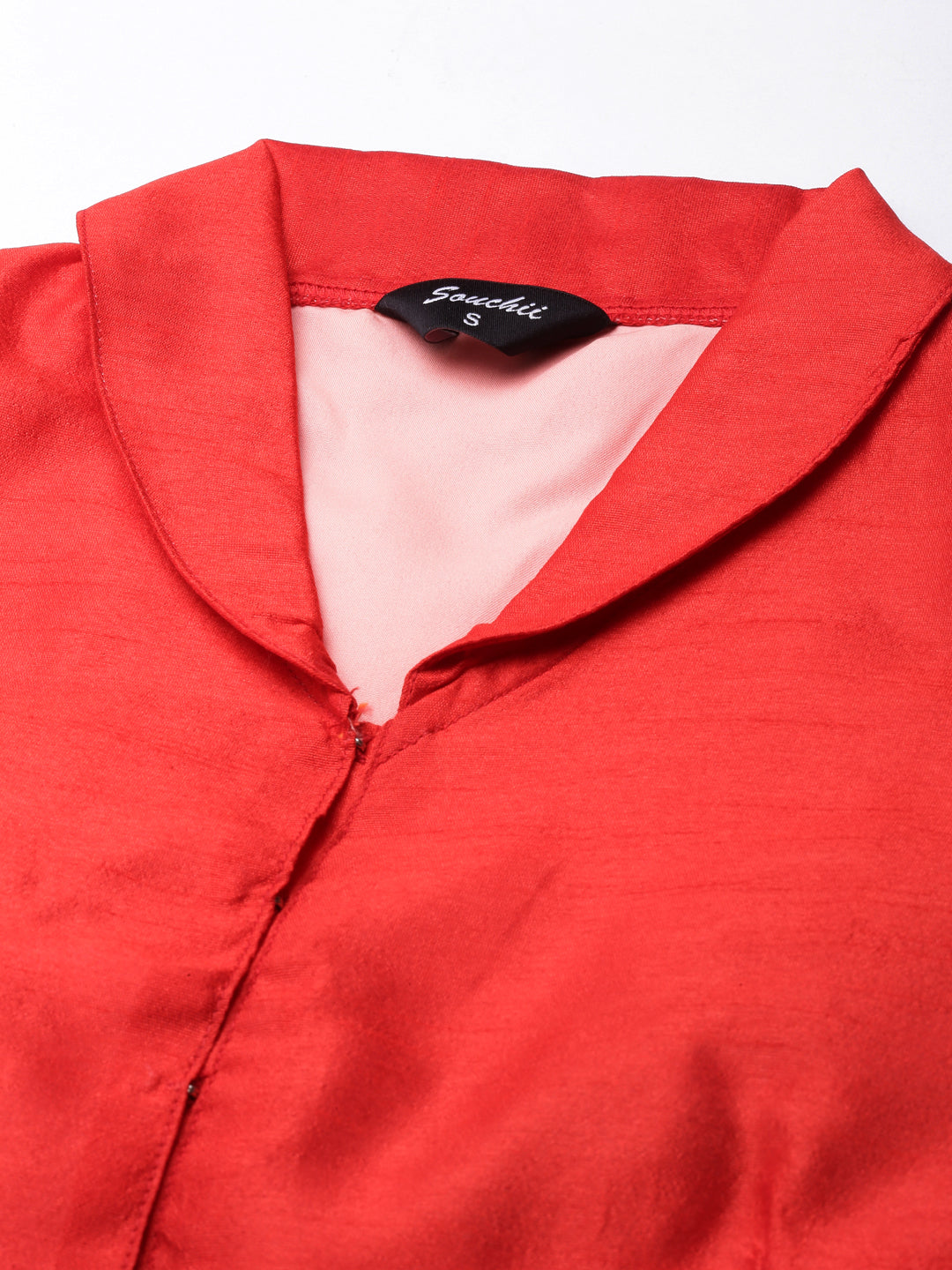 Red Solid Three-Quarter Sleeves Mandarin Collar Dupion Silk Knot Blouse
