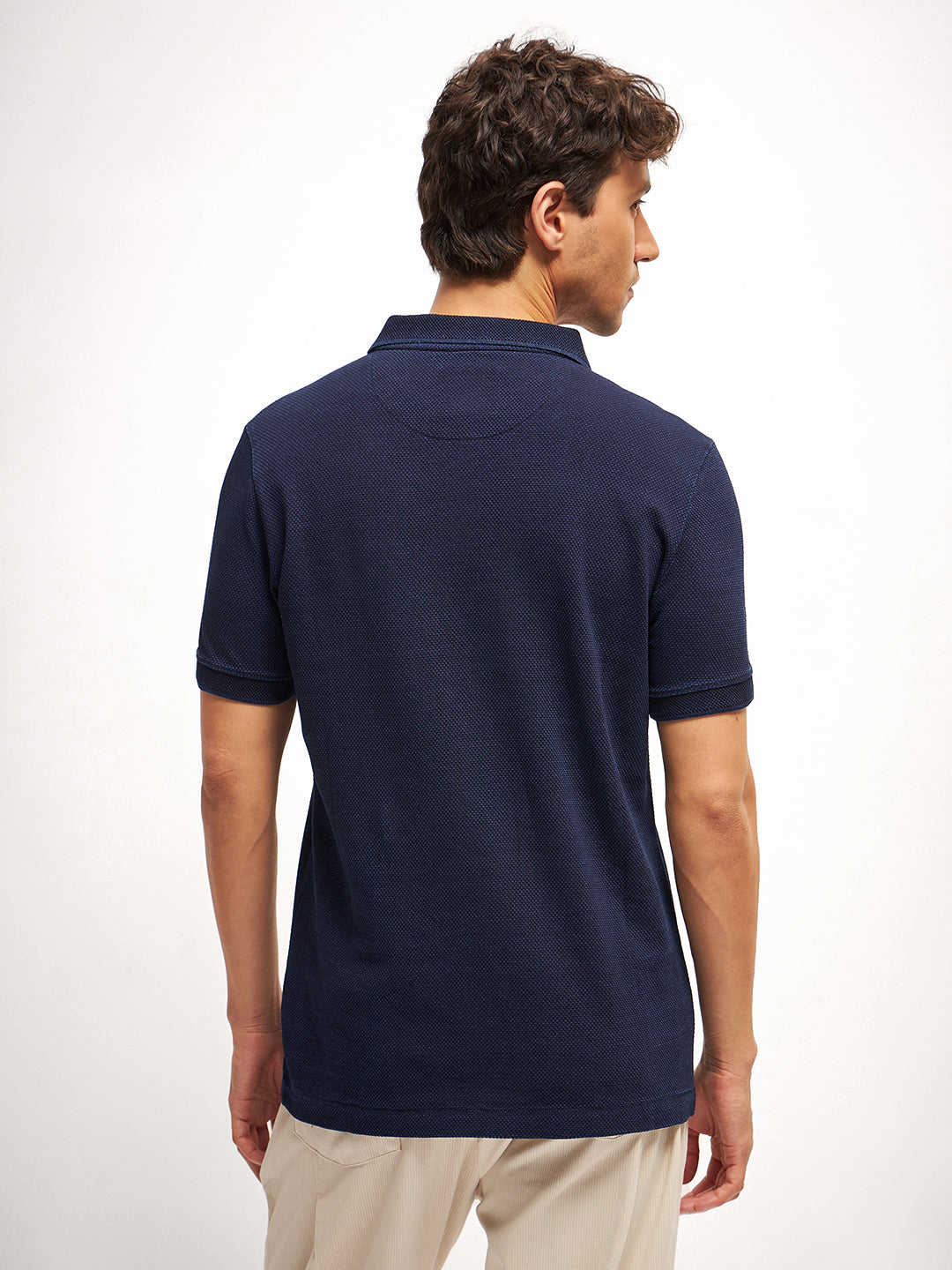 Men Blue Self Design Regular Fit Polo Collar T-shirt