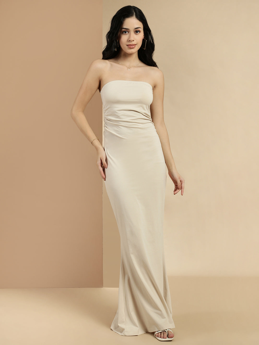 Women Beige Sleeveless Dress