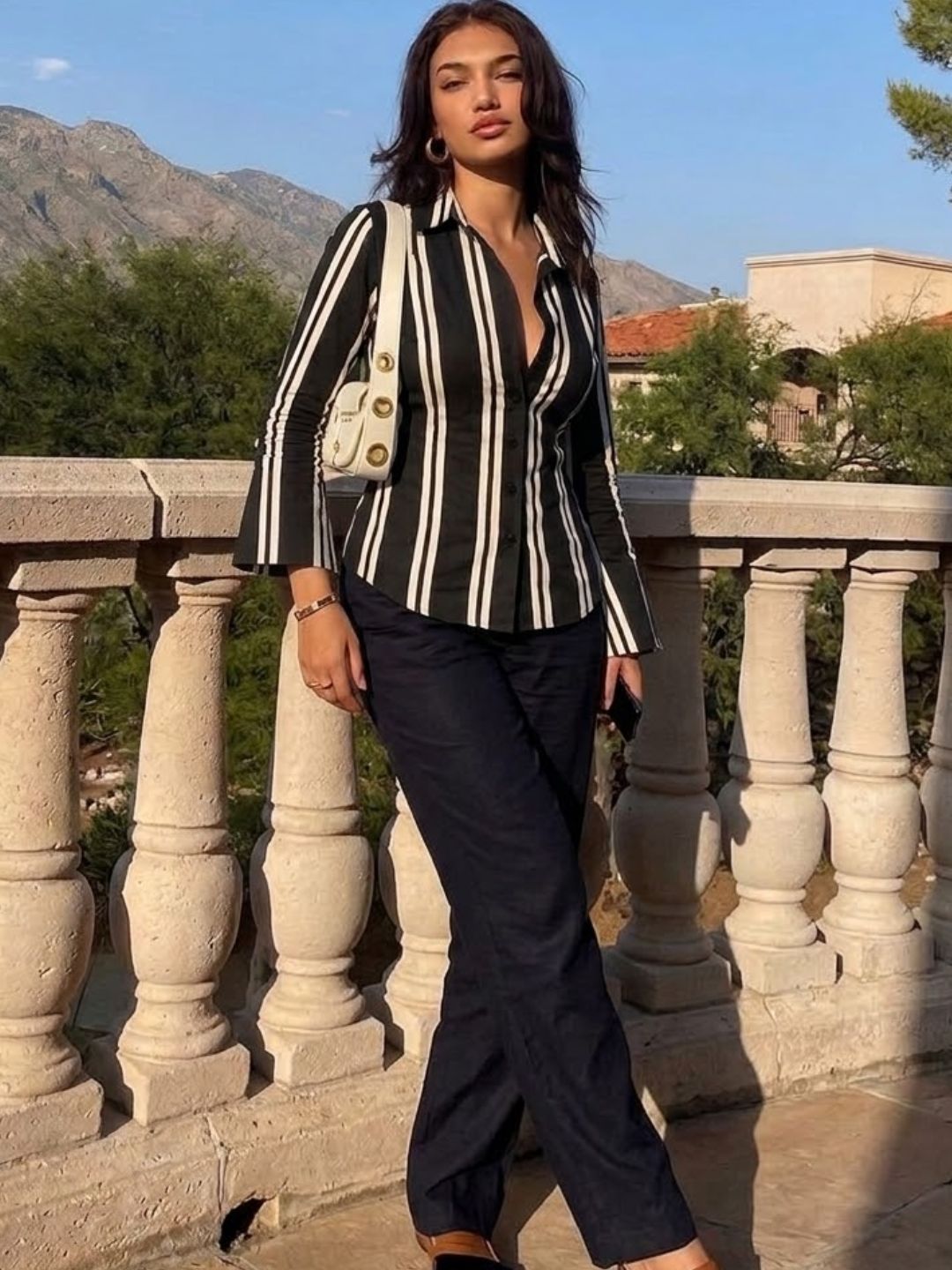 Women Black & White Striped Shirt