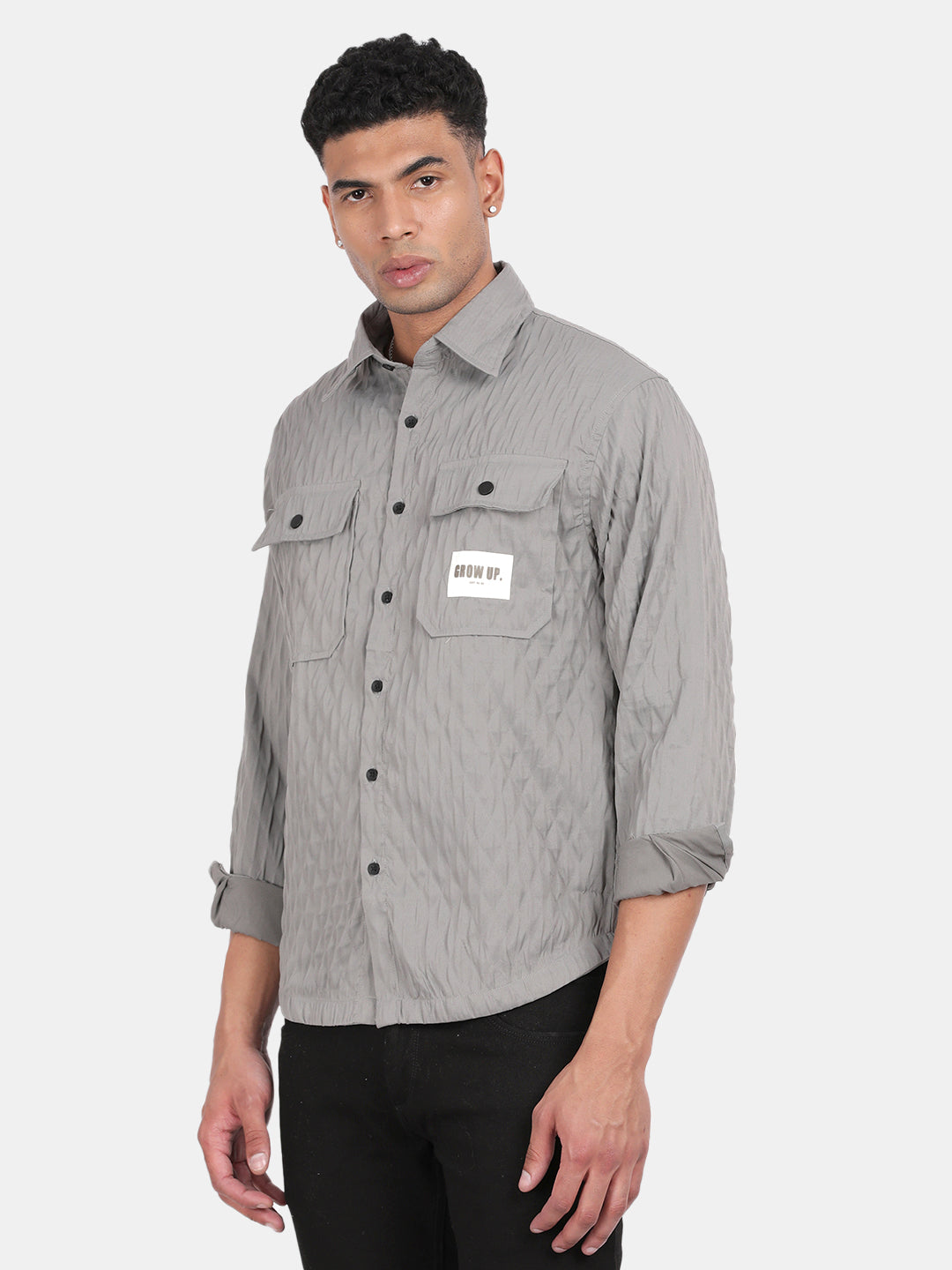 Men Grey Slim Fit Spread Collar Full Sleeve Casual Shirt