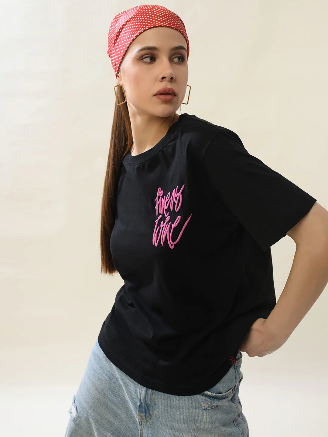 Women Black Cotton Relaxed T-Shirt