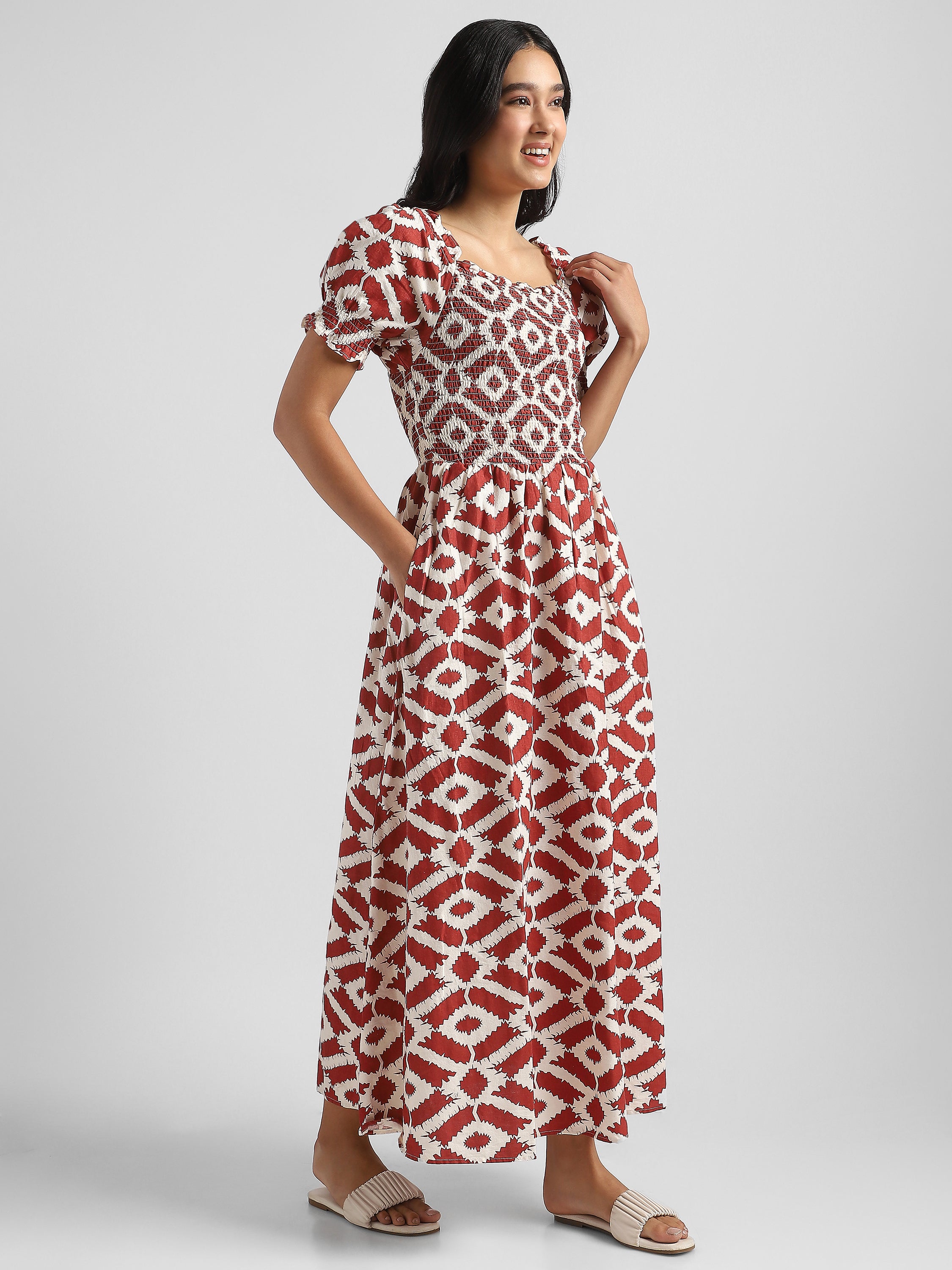 Women Printed Brown Baloon Sleeve Maxi Dress