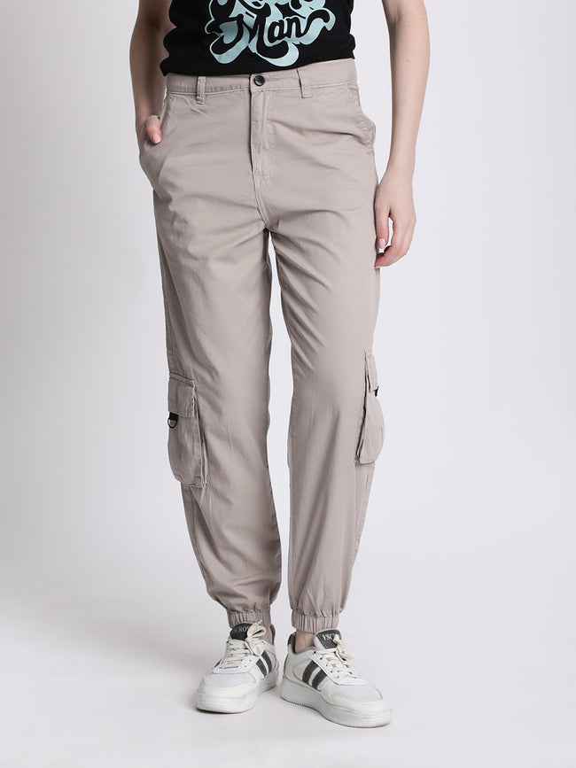 Women Grey Cargo Joggers with Flap Pockets