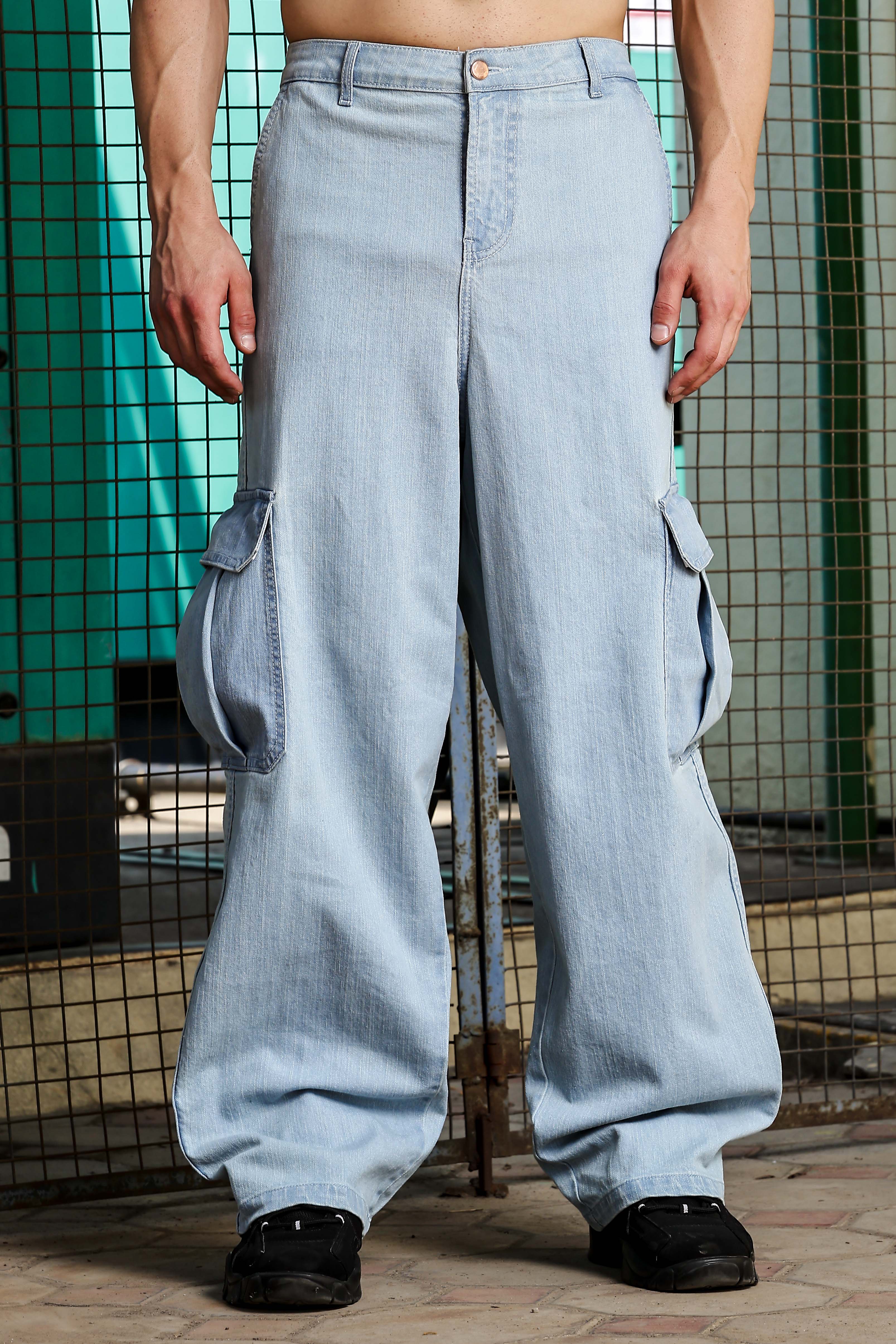 Men Blue Denim Cargo Trousers