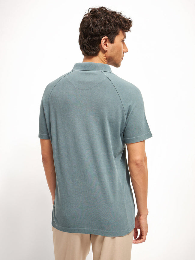 Men Teal Blue Solid Regular Fit Polo Collar T-shirt
